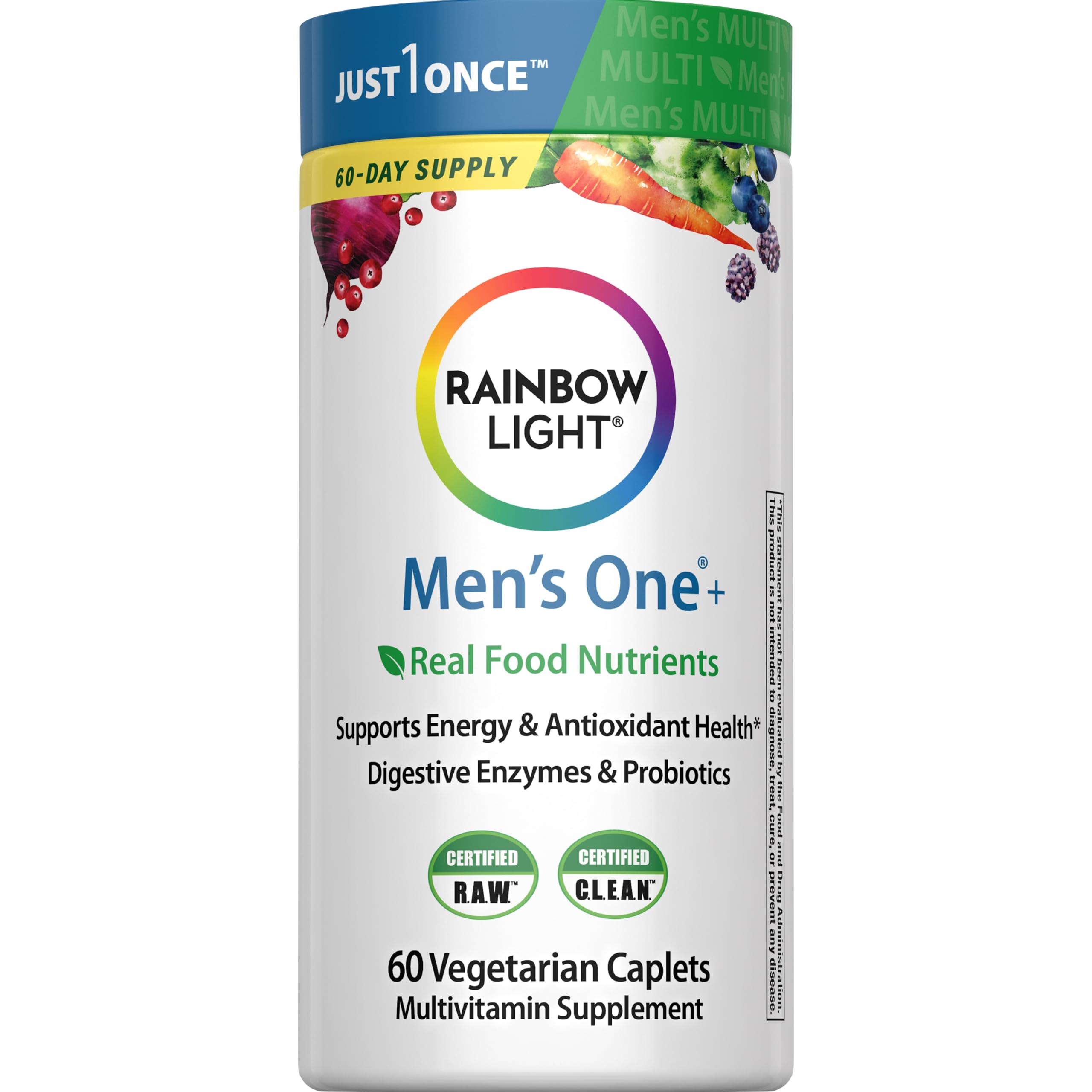 Multivitamínico diario para hombres Rainbow Light One. Multivitamínico para hombres que proporciona un refuerzo inmunológico de alta potencia con vitamina C, vitamina D y zinc. Vegetariano. 60 unidades.