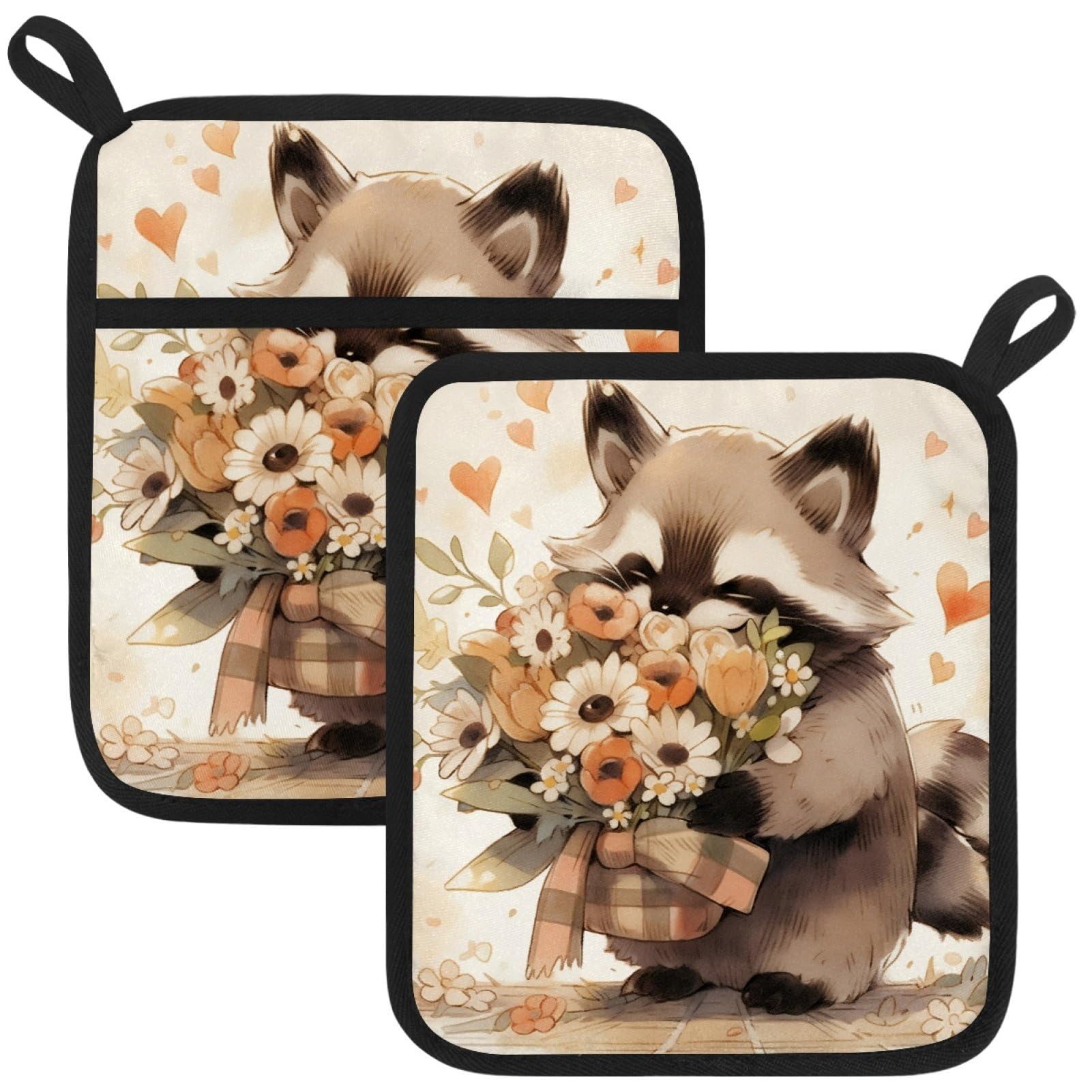 VAPOKF Cute Raccoon Flower Pot Holders with Pocket for Kitchen Heat Resistant Potholders Large Polyester-Cotton Square Oven Mitts Set