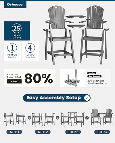 Miniatura 7 de Juego de 2 sillas altas Adirondack para exteriores de polietileno de alta densidad con doble bandeja de conexión, muebles de patio resistentes a la