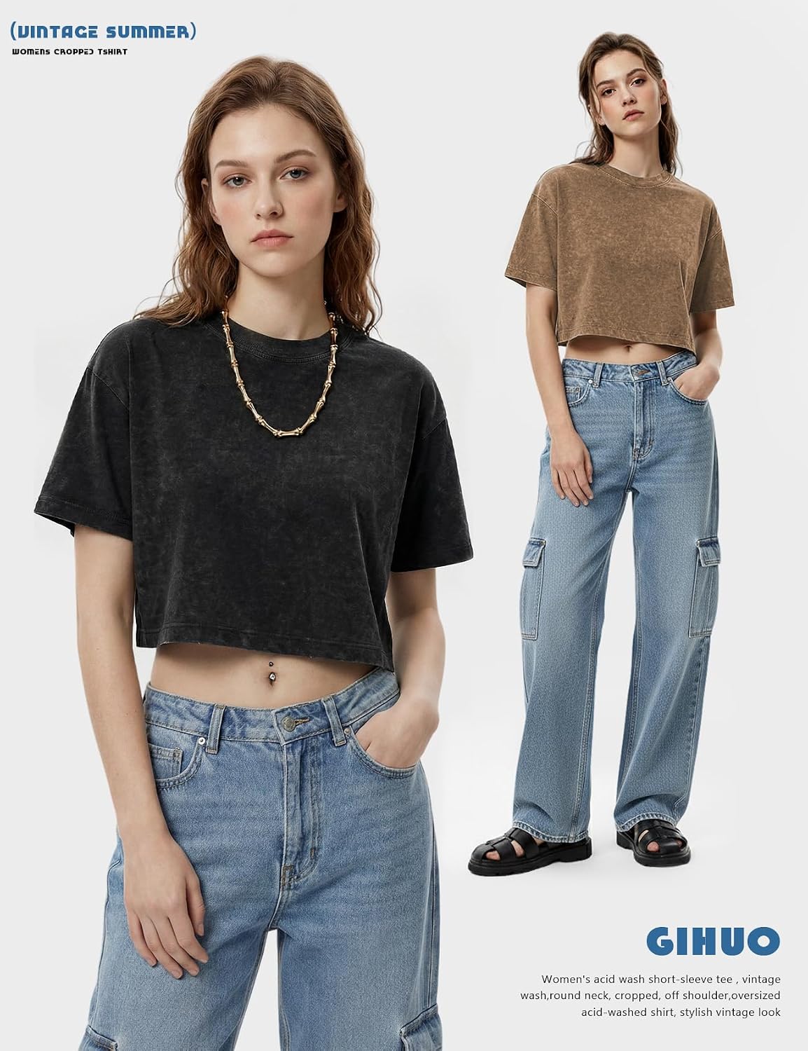 Gihuo Cropped T Shirts for Women Vintage Tees Acid Wash Crop T-Shirts Oversized Cotton Tshirt