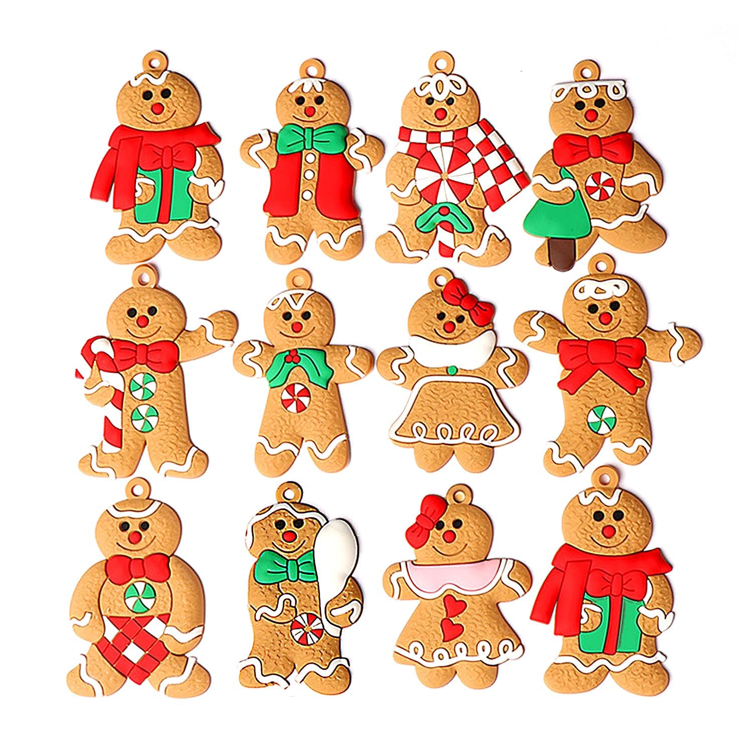 Rumyve Brown, Red, Green, Yellow Christmas Gingerbread Man Ornament Set - 12-Piece Gingerbread Man Christmas Tree Decorations With Hanging Strings