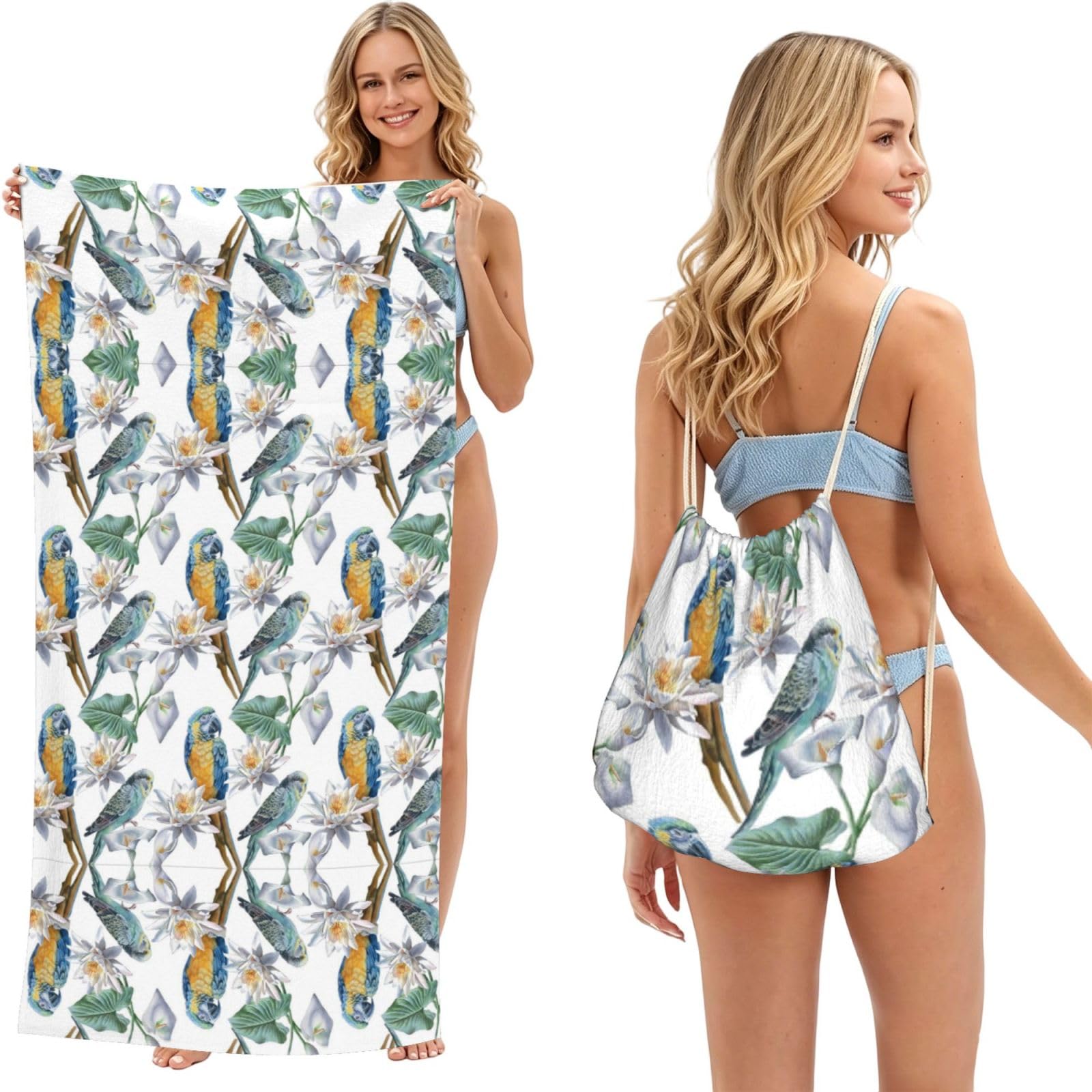 Ezdlowvba Black Parrots On Branches Print Beach Towel Backpack 2 In 1 Summer Large Lightweight Beach Towel - Multifunctional Ship Pattern Towel Bag For Storage,Sport