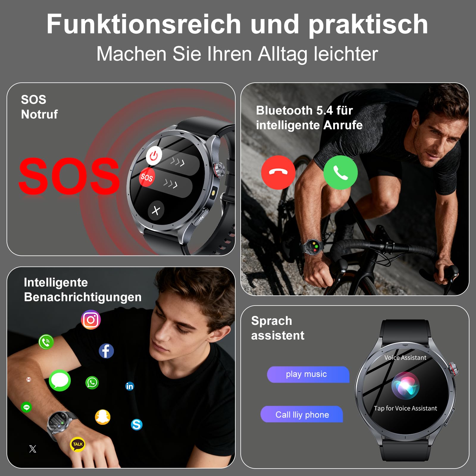 Neu Smartwatch Herren mit AI-GPT, EKG+HRV, 1.53" Runddisplay Gesundheitsuhr | 24H Blutdruck/SpO2/Körpertemperatur/Schlafmonitor, SOS-Telefon, BMI, Harnsäure, LED-Licht, Fitnessuhr für iOS/Android Schwarz