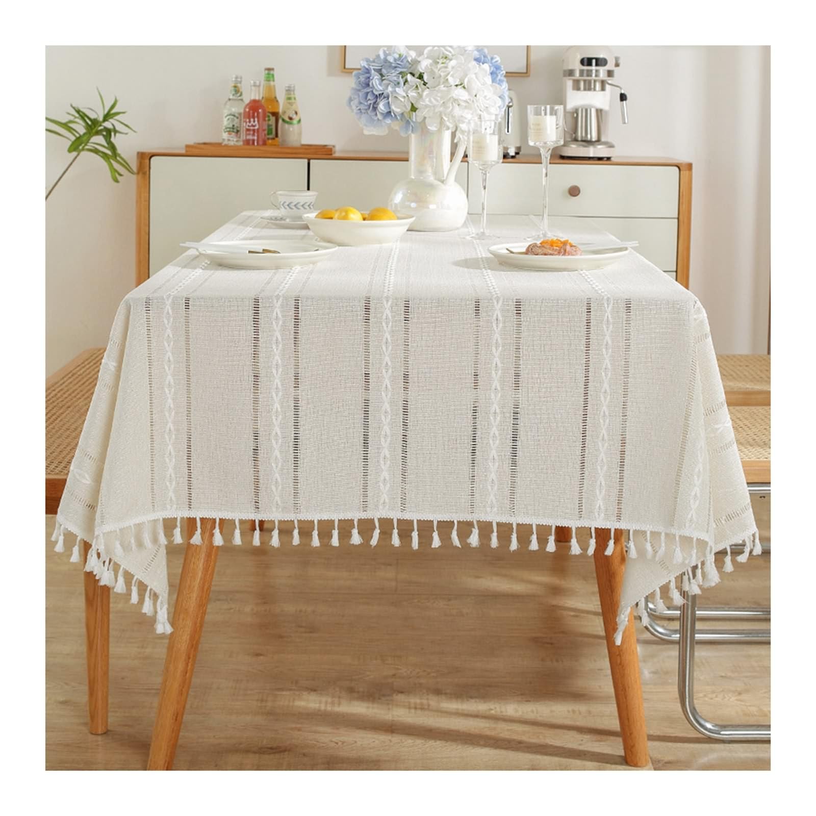 Daesar - Mantel Rectangular Antimanchas Jardin,Mantel Antimanchas Poliéster Rayas con Borlas Mantel Centro de Mesa Decorativo Beige Blanco,140x260CM(102x55Inch)