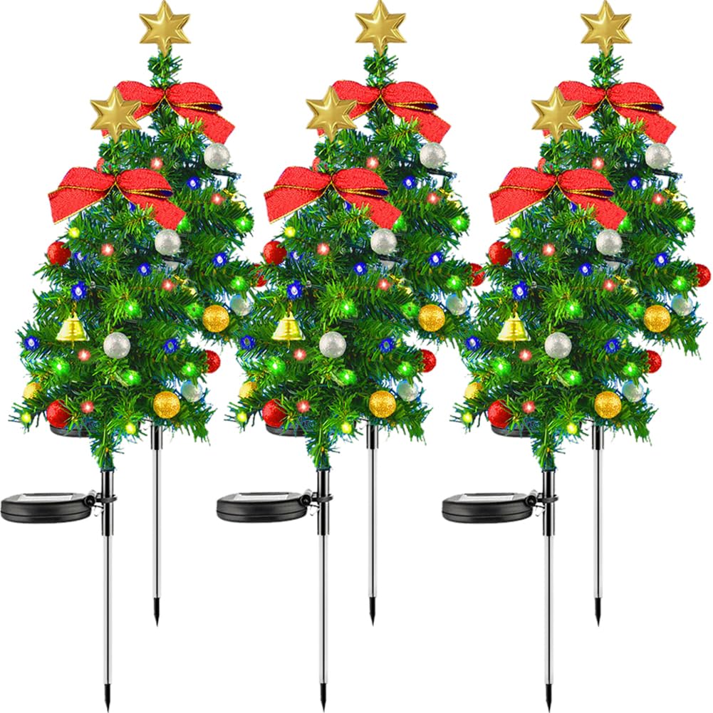 6PCS Solar Christmas Tree, Solar Christmas Lights Outdoor with LED, Waterproof Solars Xmas Lights Decorations with Bow Bell, Solars Xmas Tree Stake Light Garden Decor for Pathway Lawn Patio