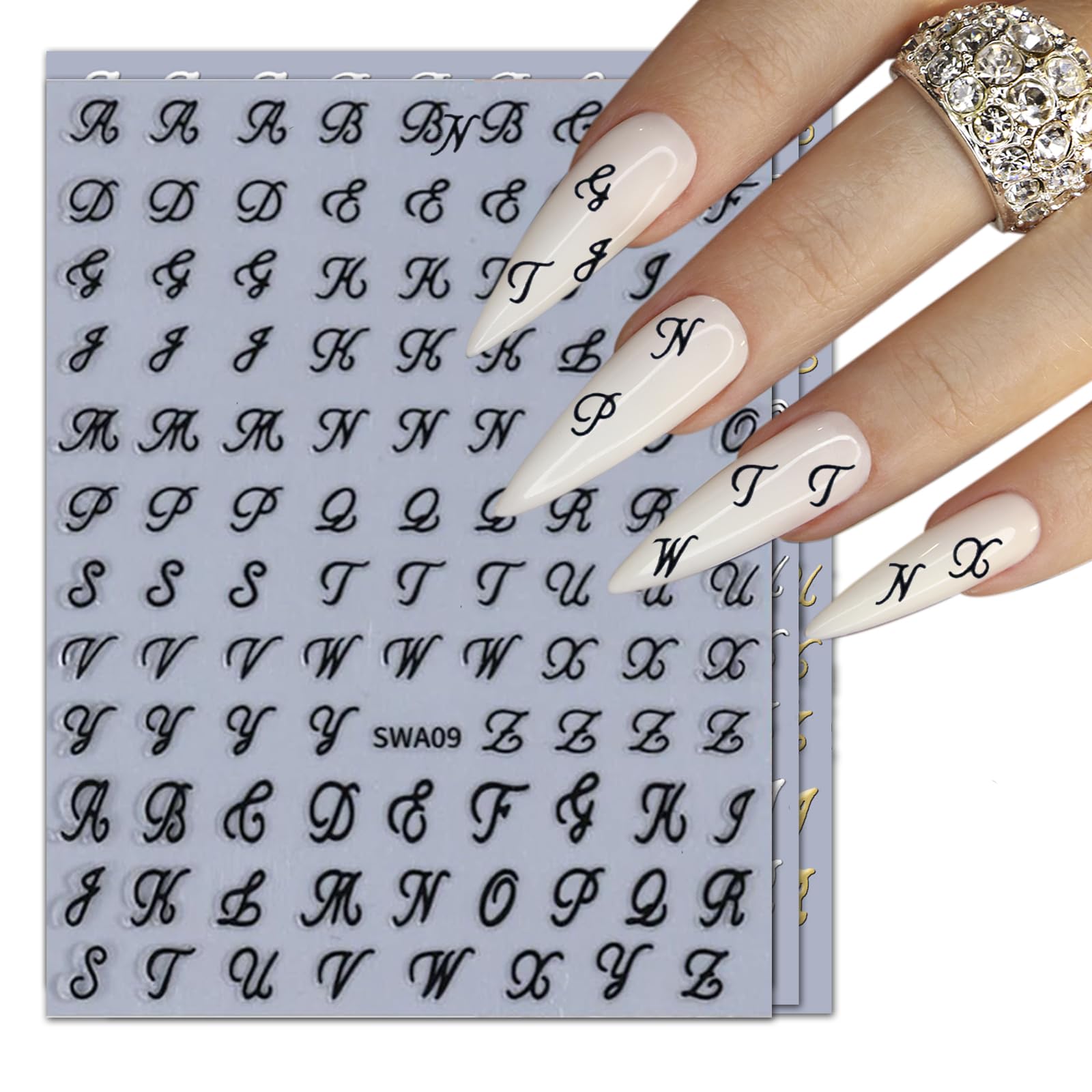 JMEOWIO Nagelsticker – 6 Blätter, Glitzer-Alphabet, Selbstklebend Für DIY-Nageldesign