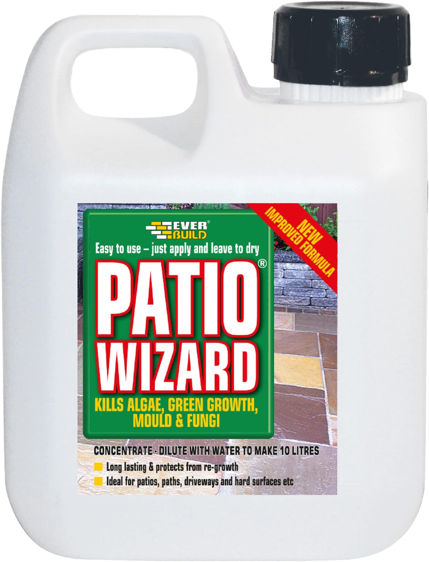 Everbuild – Patio Wizard – Concentrated Algae, Green Growth and Mould Killer – Outdoor use – Ideal for Paved Areas – Non-Hazardous – Fast-acting – 1 Litre