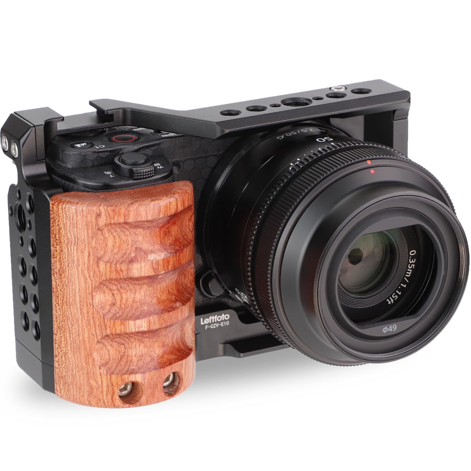 LeftfotoUpgrade Metal Cage with Wood Handle for Sony Alpha ZV-E10 Video Shooting Accessories, Cold Shoe Mic/Light Extension Video Cage Filming Vlog Camera Kit