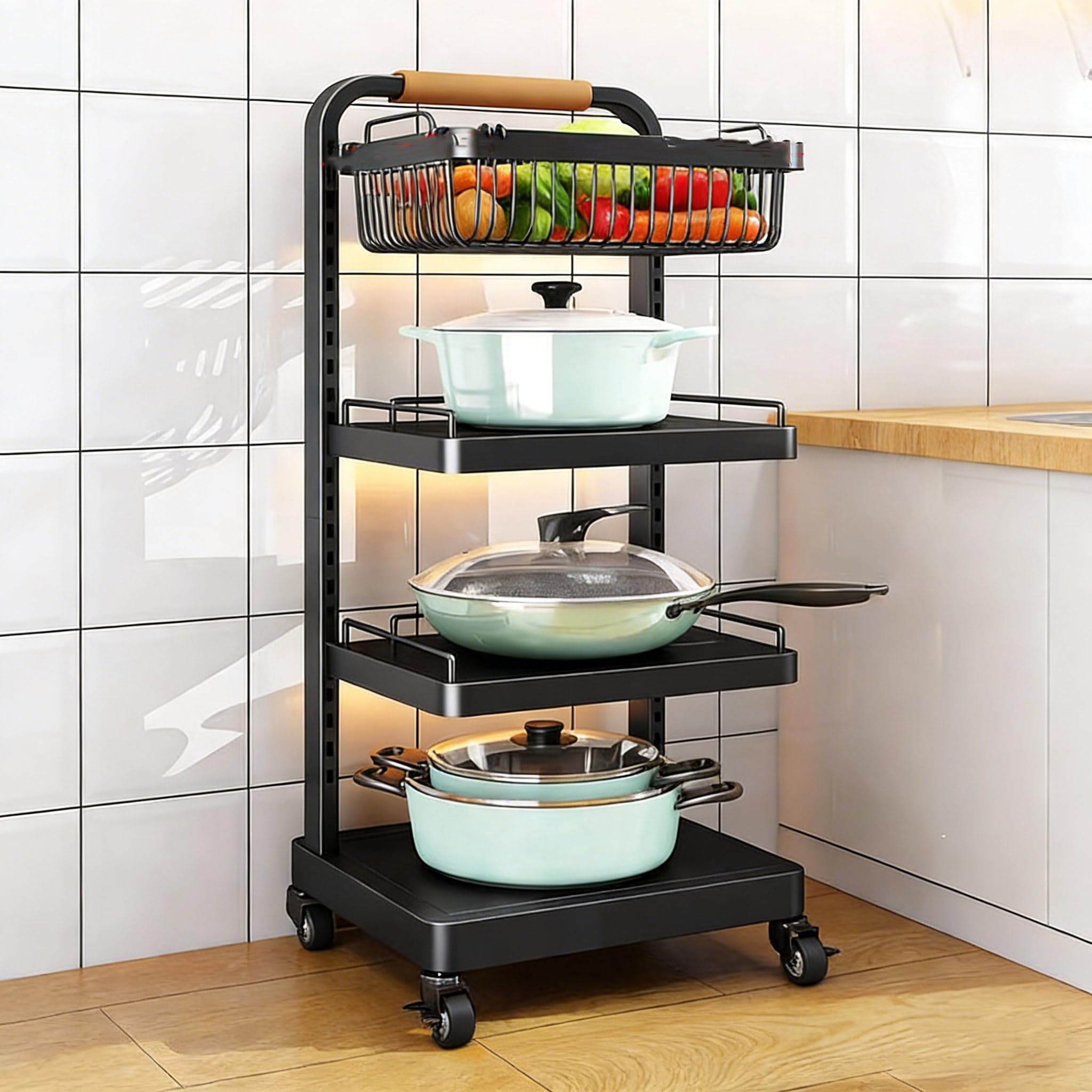 Carrito de cocina con cestas extraíbles de 4 niveles para organizar verduras