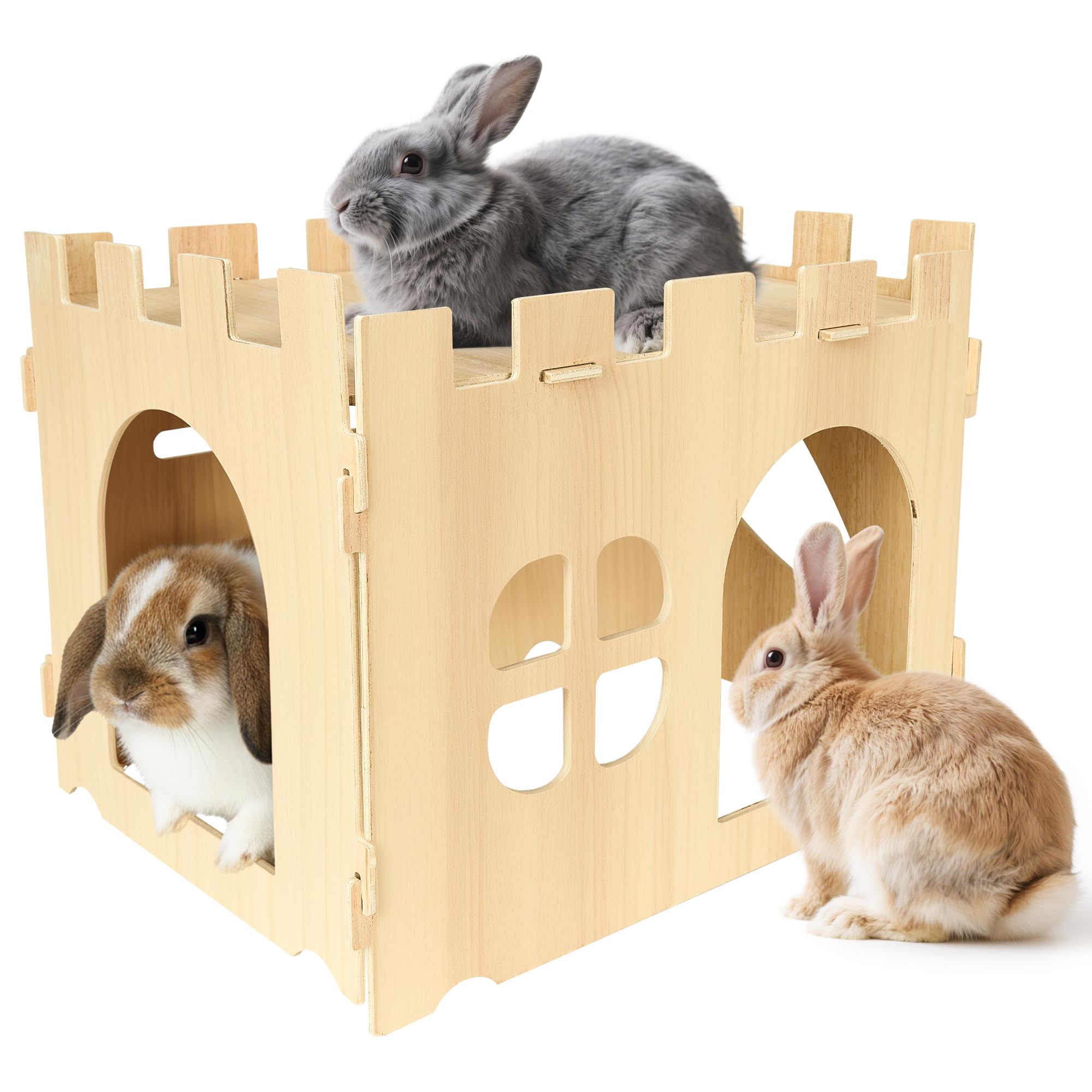 Wooden Rabbit House 40x30x30cm, Large Bunny Castle Detachable Rabbits Hideaway Playhouse