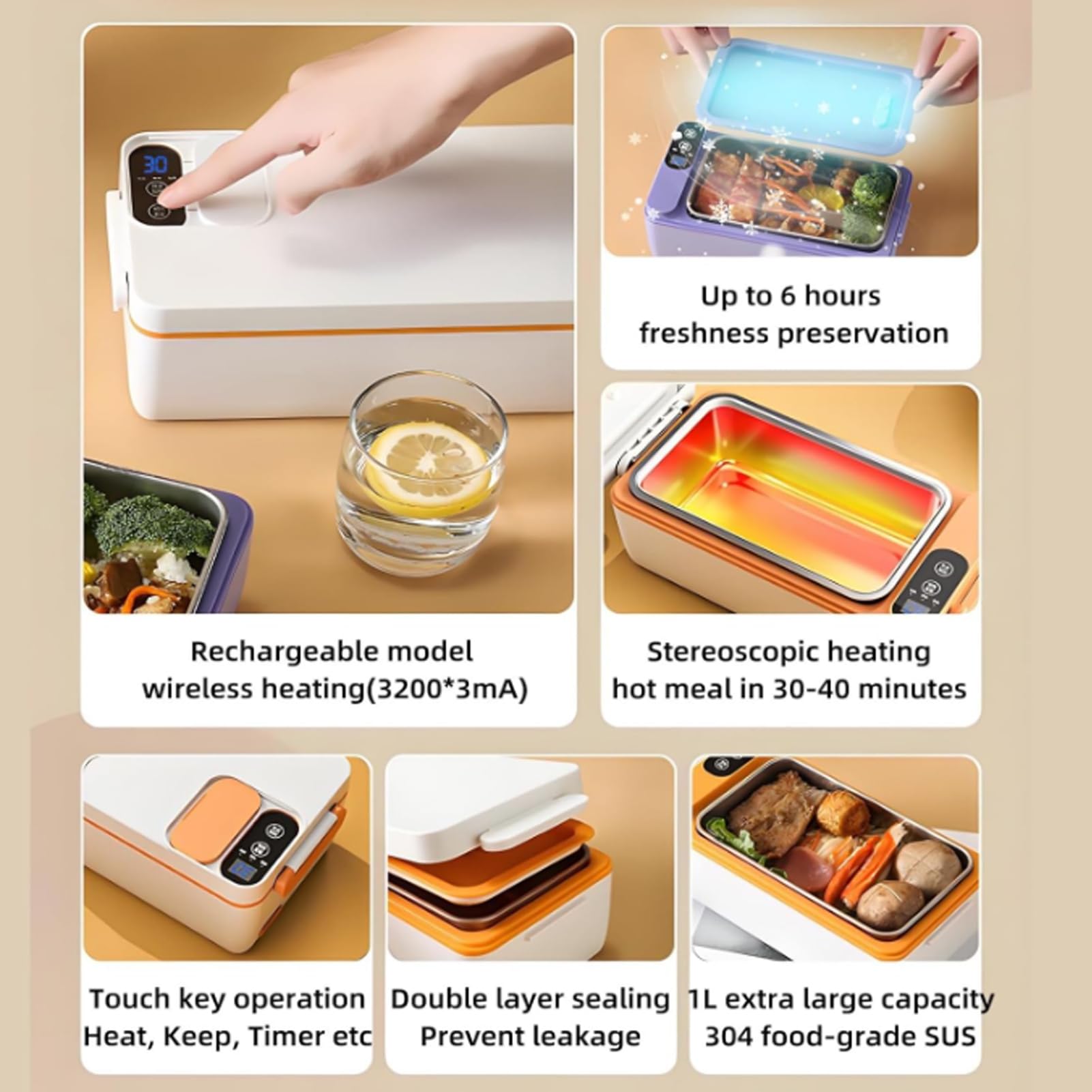 Fiambrera Lonchera Eléctrica Portátil Recargable 1 Litros, Taper Electrico Para Calentar La Comida Fiambrera Termica En Acero Inoxidable Fácil Limpieza Para Escuela,Oficina Y Familia (Verde)