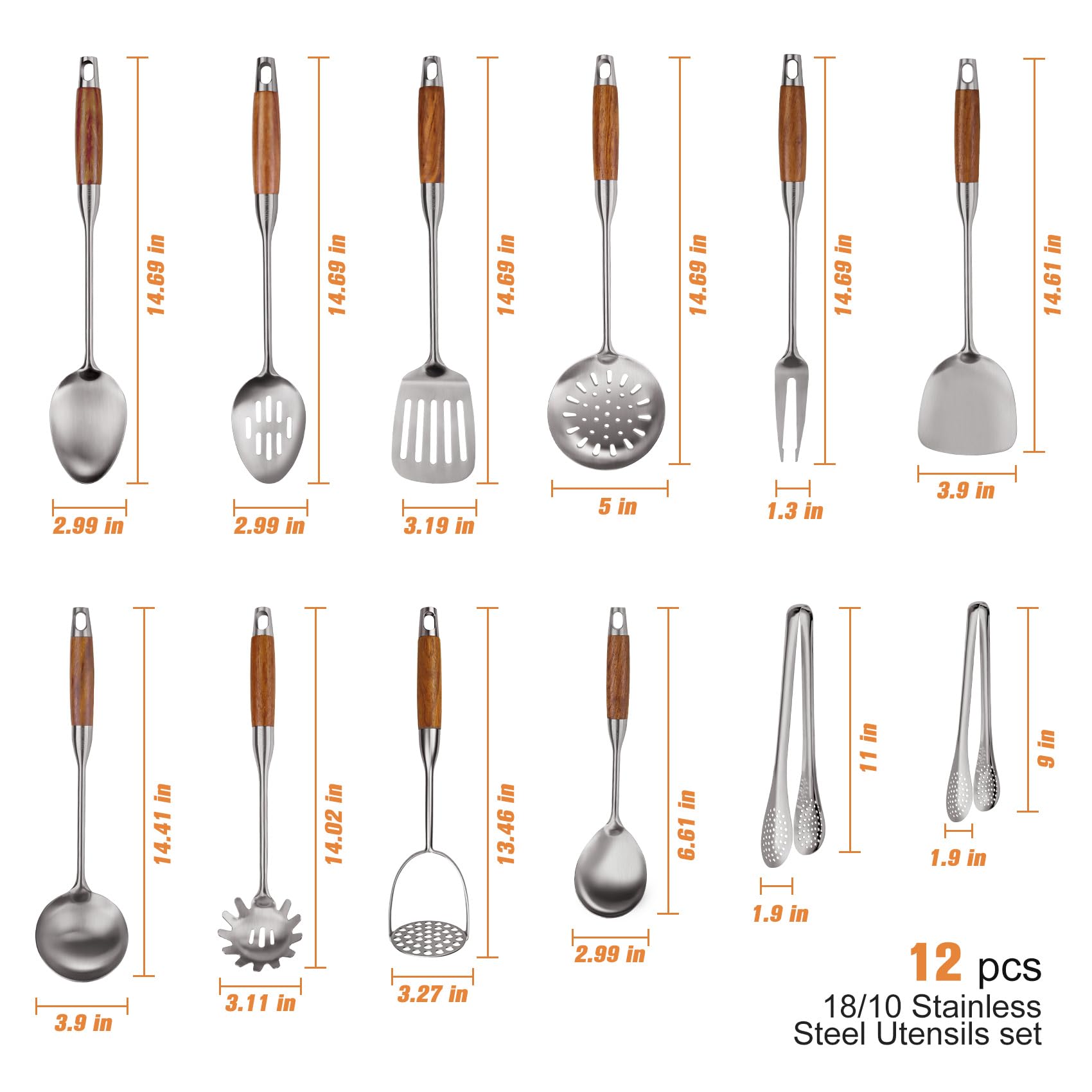 Set di utensili da cucina in acciaio inox 304 con manico in legno, 12 pezzi resistenti al calore, set di utensili da cucina, spatola, mestolo, schiumarola, cucchiaio per spaghetti, pinze