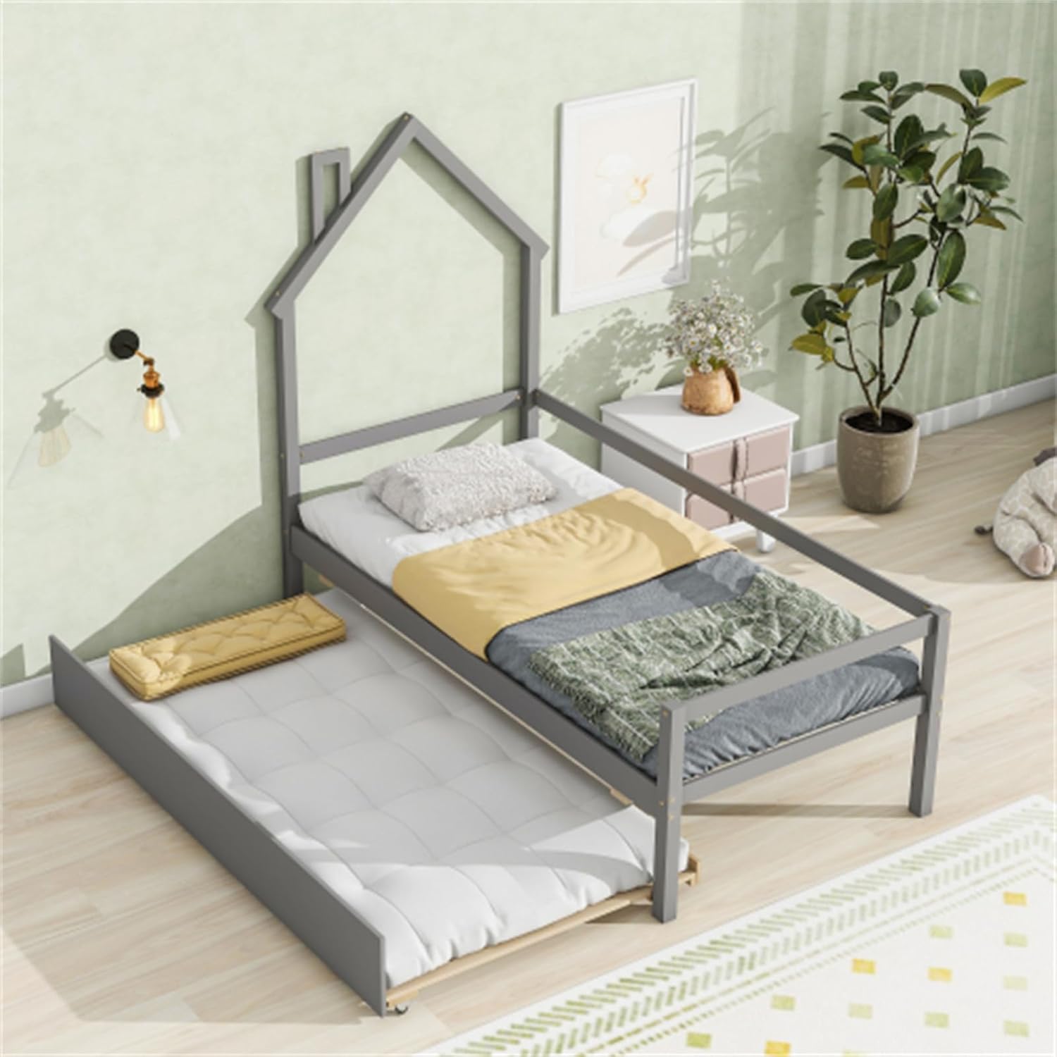 Twin House Wooden Daybed with Trundle, Twin House-Shaped Headboard Bed with Guardrails,Grey