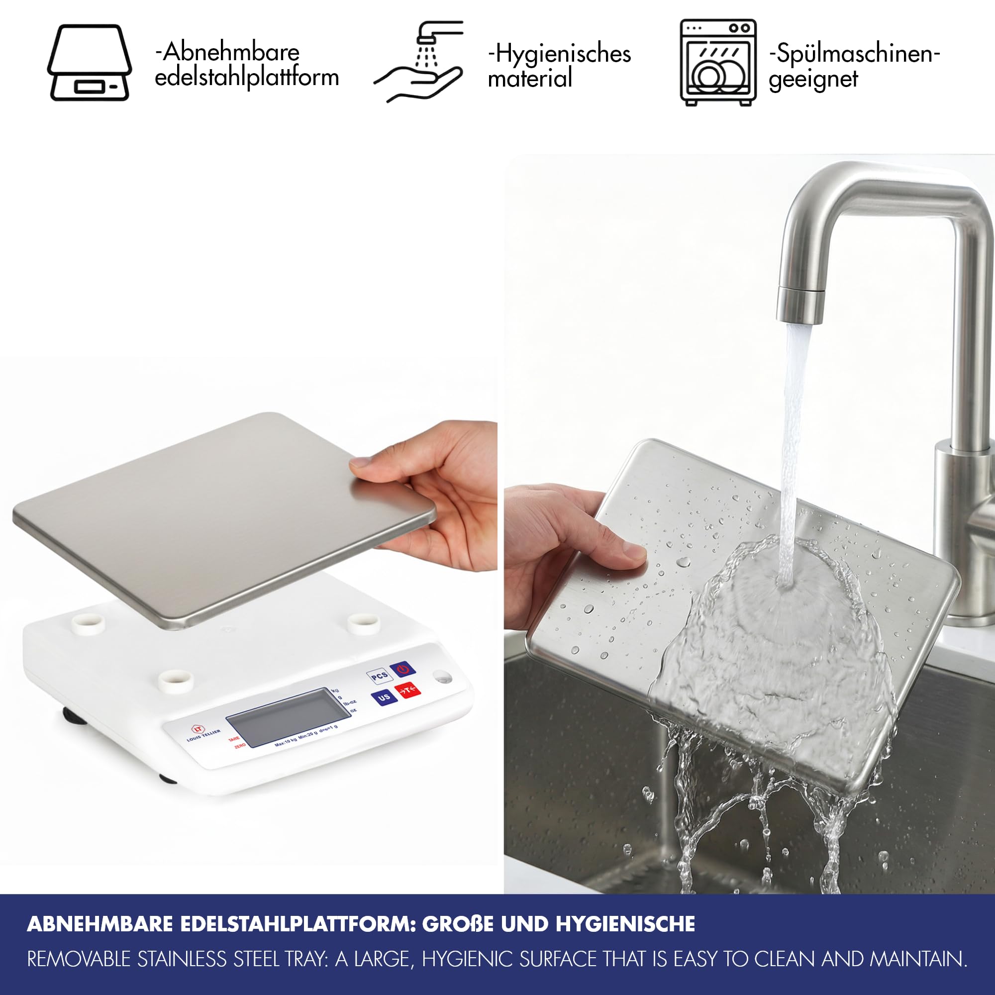 Professionelle Digitale Küchenwaage 10 kg IP53-240x240x75 mm | Präzise Messungen bis 10 kg • IP53-Schutz • Abnehmbare Edelstahlplattform