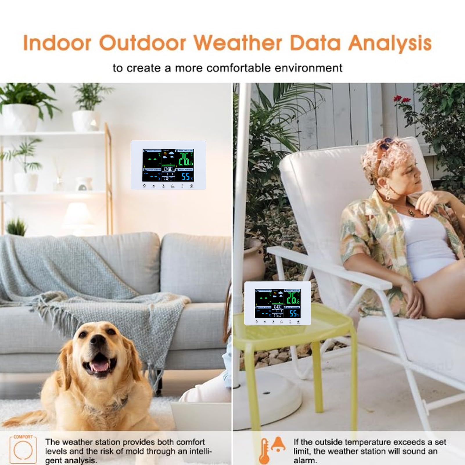 Gavigain Color LCD Display Digital Weather Thermometer with Atomic Clock for Home Office Weather Monitoring