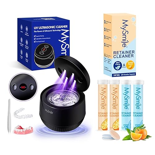 MySmile Máquina limpiadora ultrasónica de retenedores, cápsula dental negra de 45 kHz con capacidad de 6.8 fl oz y limpiador de retenedores MySmile