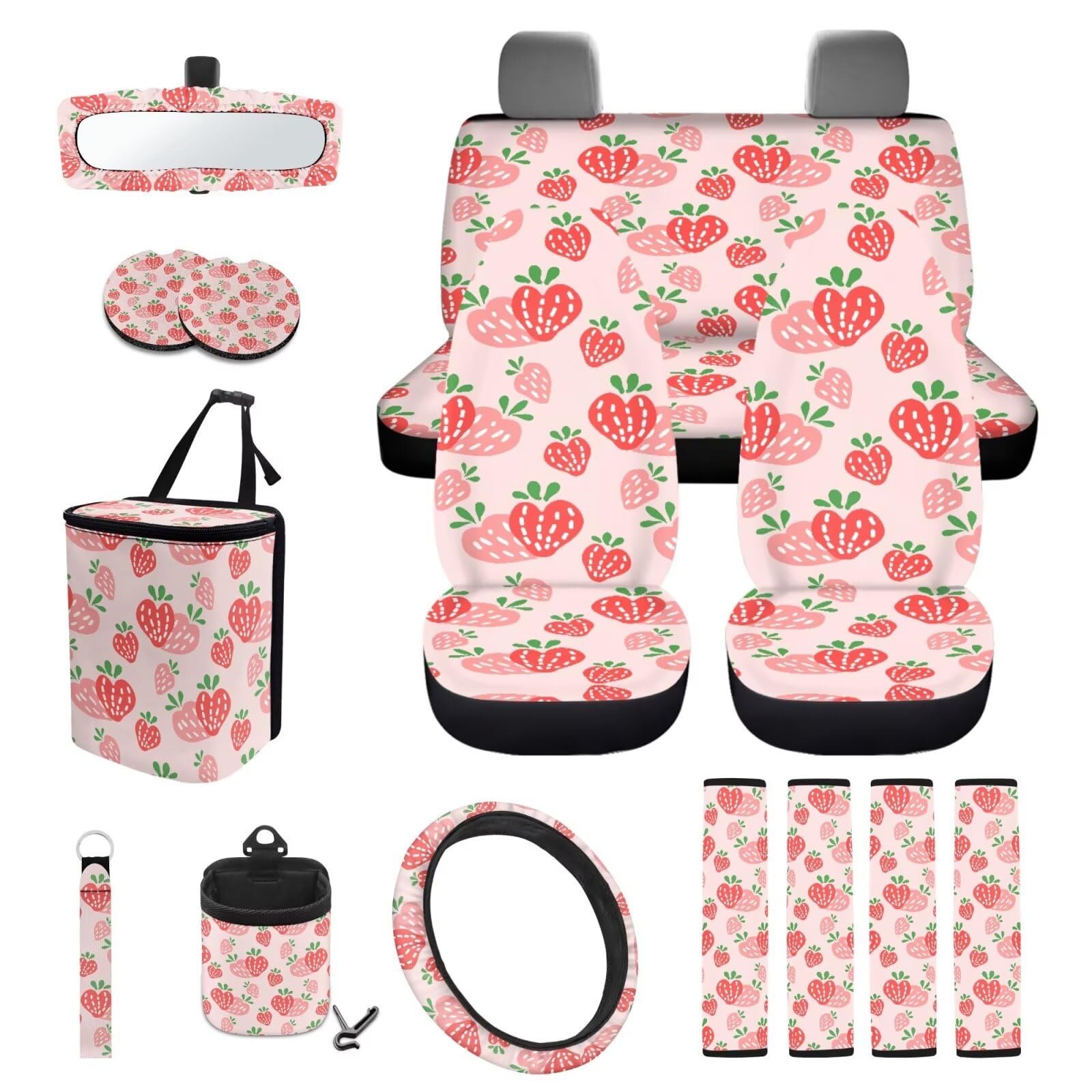 Set completo di coprisedili per auto rosa fragola con coprivolante da 38,1 cm, pattumiera, cinture di sicurezza, portabicchieri, copertura per specchietto retrovisore, tasca per bocchetta