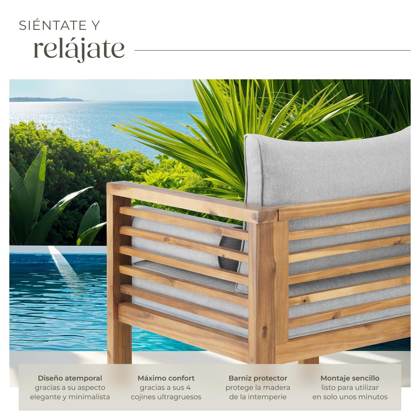 tectake® Sillón de Jardín, Silla de Terraza, Diseño Moderno y Minimalista, Madera Barnizada, Fundas Repelentes al Agua, Tapas Protectoras Antidelizantes, Mueble Jardin Exterior Resistente a Intemperie