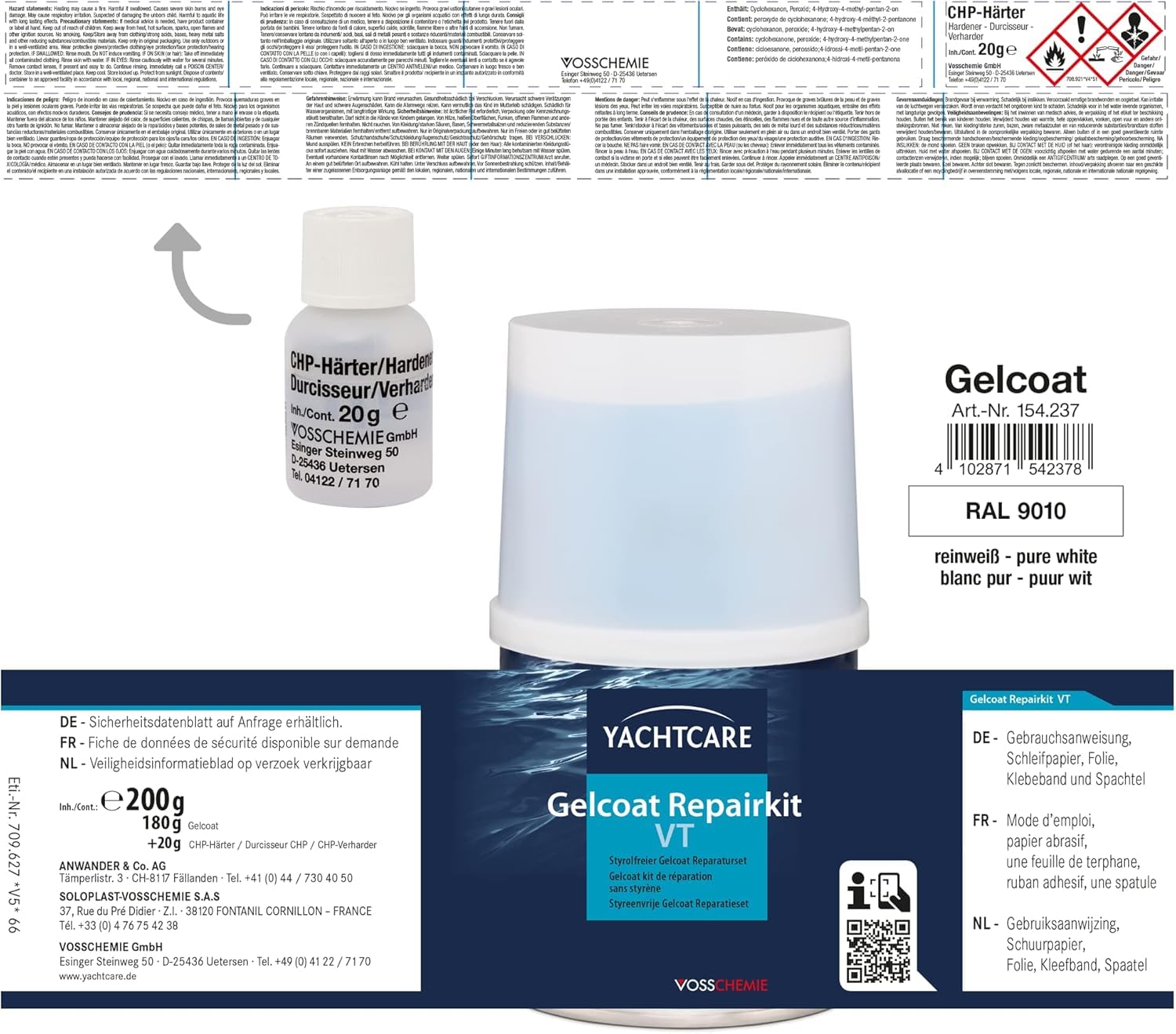 Yachtcare Gelcoat Repair Kit VT – RAL 9010 – Kit di Riparazione Senza stirene – 200 g – ripara Piccoli Graffi, Graffi e scheggiature – Si asciuga Rapidamente – Ideale per Barche, roulotte e Camper