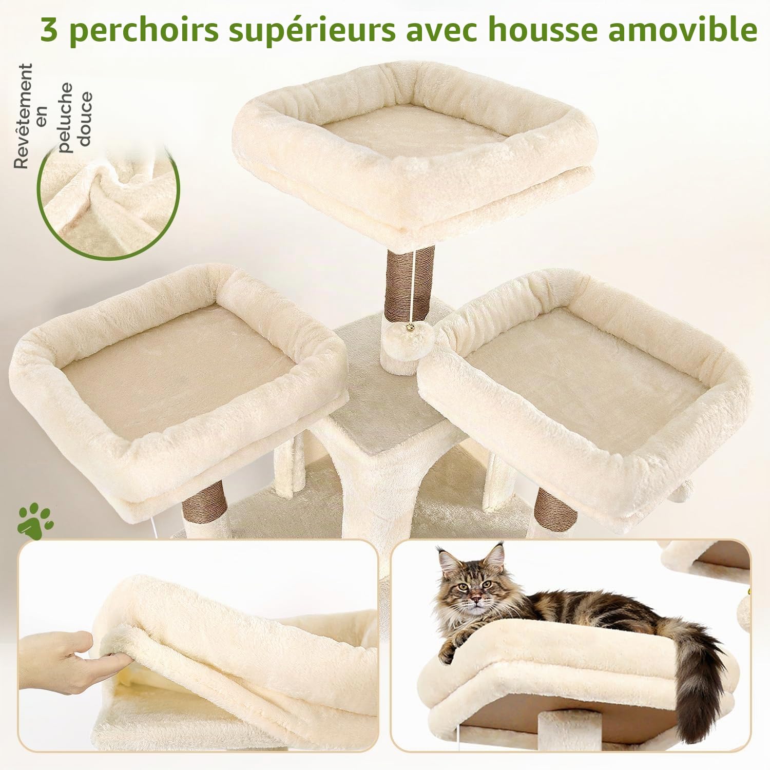 Globlazer Arbre à Chat Beige XXL pour Grand Chats 192cm avec Immense Niches 48*48*30CM, 3 Perchoirs Rembourré, Doux Panier, Planche Sisal, Arbres a Chat Stable pour 3-4 Chats Adulte Repos (F75, Beige)