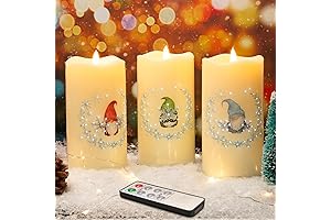 Eywamage Fiber Optic Christmas Flameless Pillar Candles with Remote: Festive Snowflakes and Gnomes