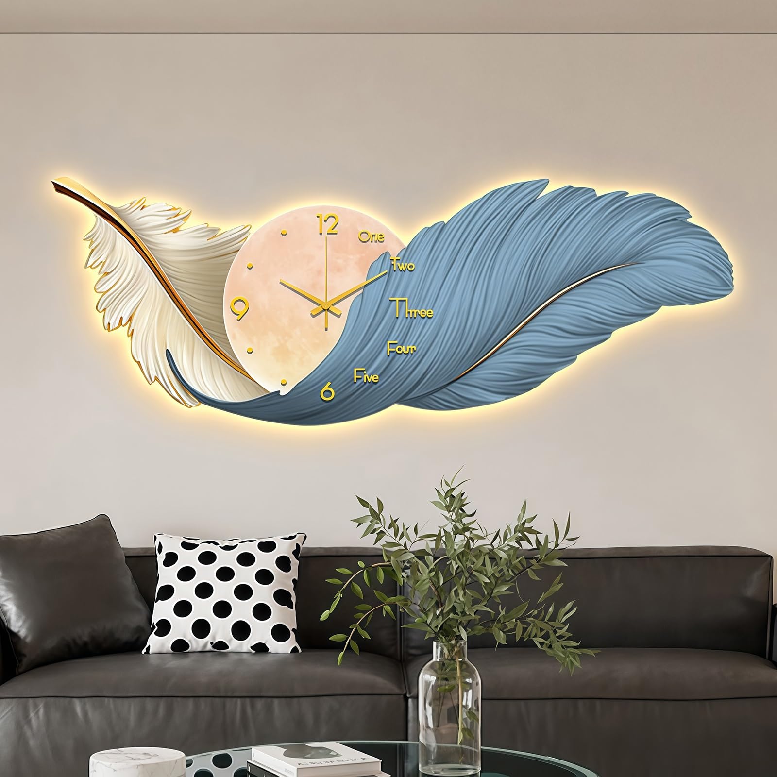 Orologio da parete moderno con decorazione a forma di piuma Orologio in acrilico con luce LED, Decorazione da parete moderna a forma di piuma, per camera letto(Blauw,100cm/39.3in)