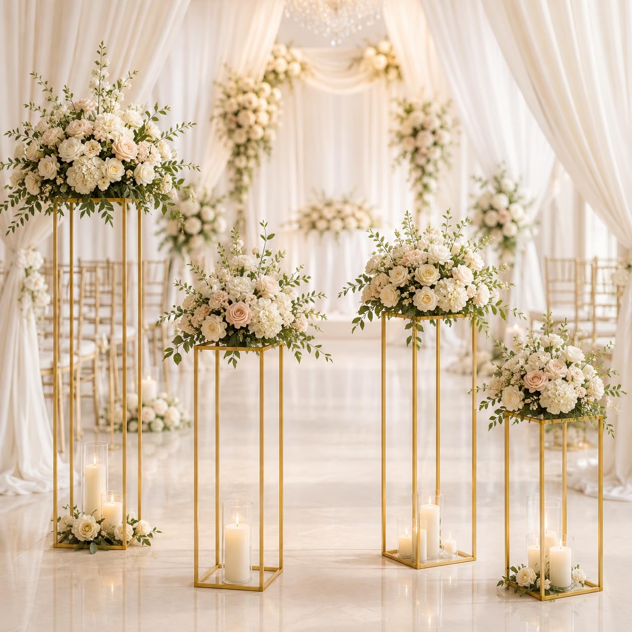 4 supporti per fiori in metallo, a colonna geometrici, centrotavola, rettangolare, per matrimoni, decorazioni per feste
