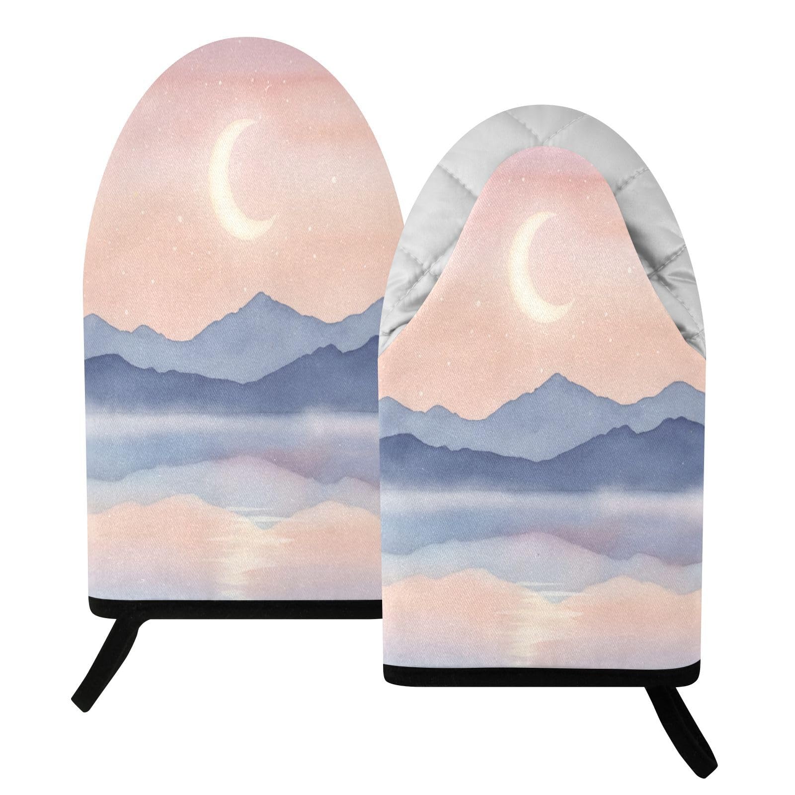BURSTDDY Moon and Sea Oven Mitt,Heat Resistant Kitchen Mitts for Cooking