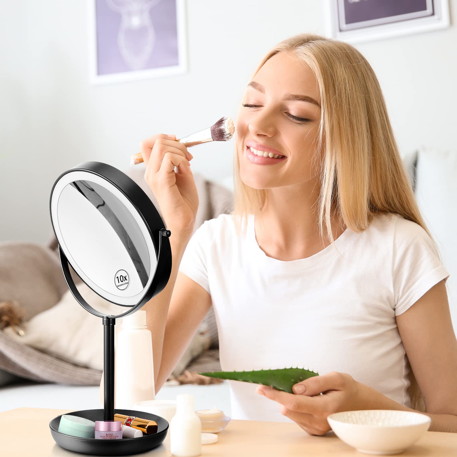KEDSUM 1X/10X Espejo de maquillaje con luces, espejo recargable con aumento