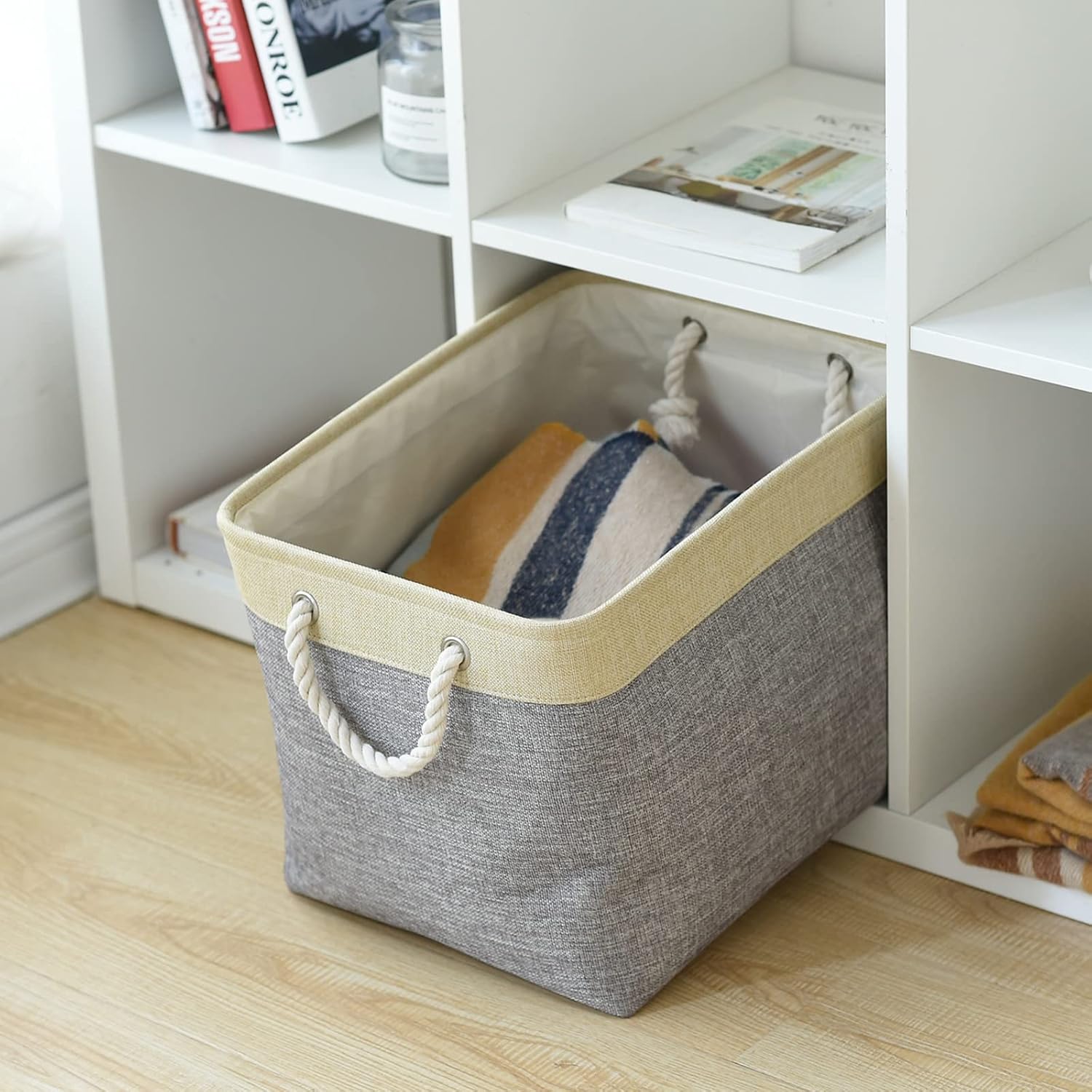 Jtirey Decorative Storage Bins, Fabric Storage Baskets [4 Pack] Baskets for Closet Organizers and Storage Empty Gift Baskets for Organizing, Dog Toy (Gold&Grey, 16 x 12 x 12 inch)