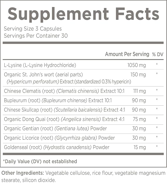 Natural Wellbeing Trilex Essentials for Cold Sores - with Lysine, St. John's Wort (Hypericin) for Smooth and Healthy Lips - Herbal Supplement 90 Veg caps