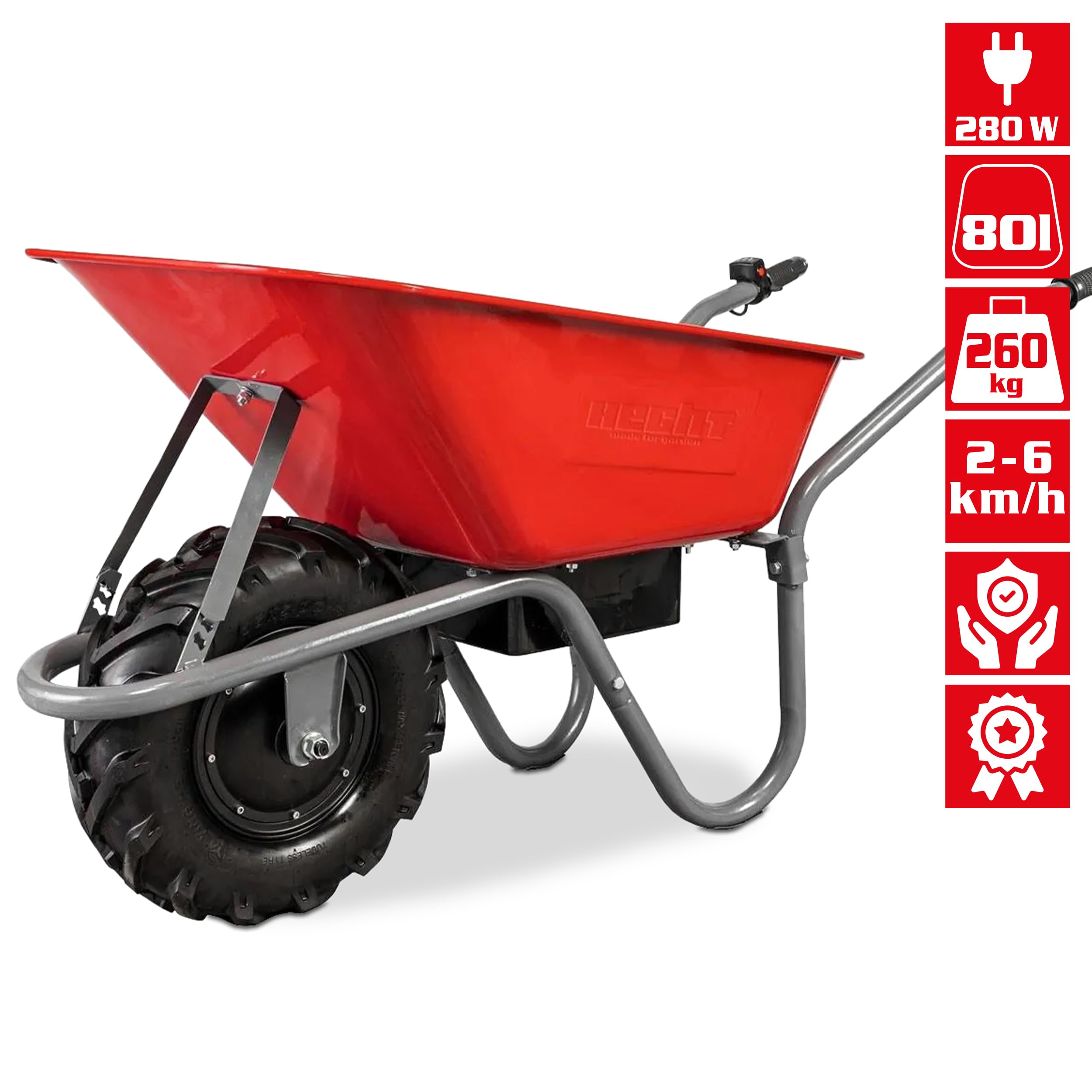 HECHT elektrische Schubkarre 80 L – 260 kg Motorschubkarre | Elektro-Dumper mit 280 W Motor, Luftreifen auf Stahlfelge und pulverbeschichteter Stahlwanne für Garten und Transport