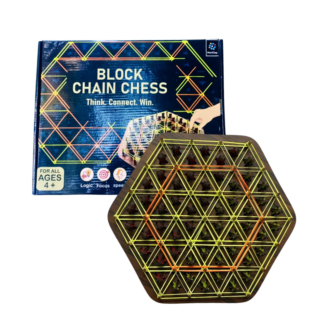 Metclap Chain Triangle Chess Game, Triggle Rubber Band Game, Strategy Board Games, Family Night Games for Kids and Adults, 2 to 4 Players