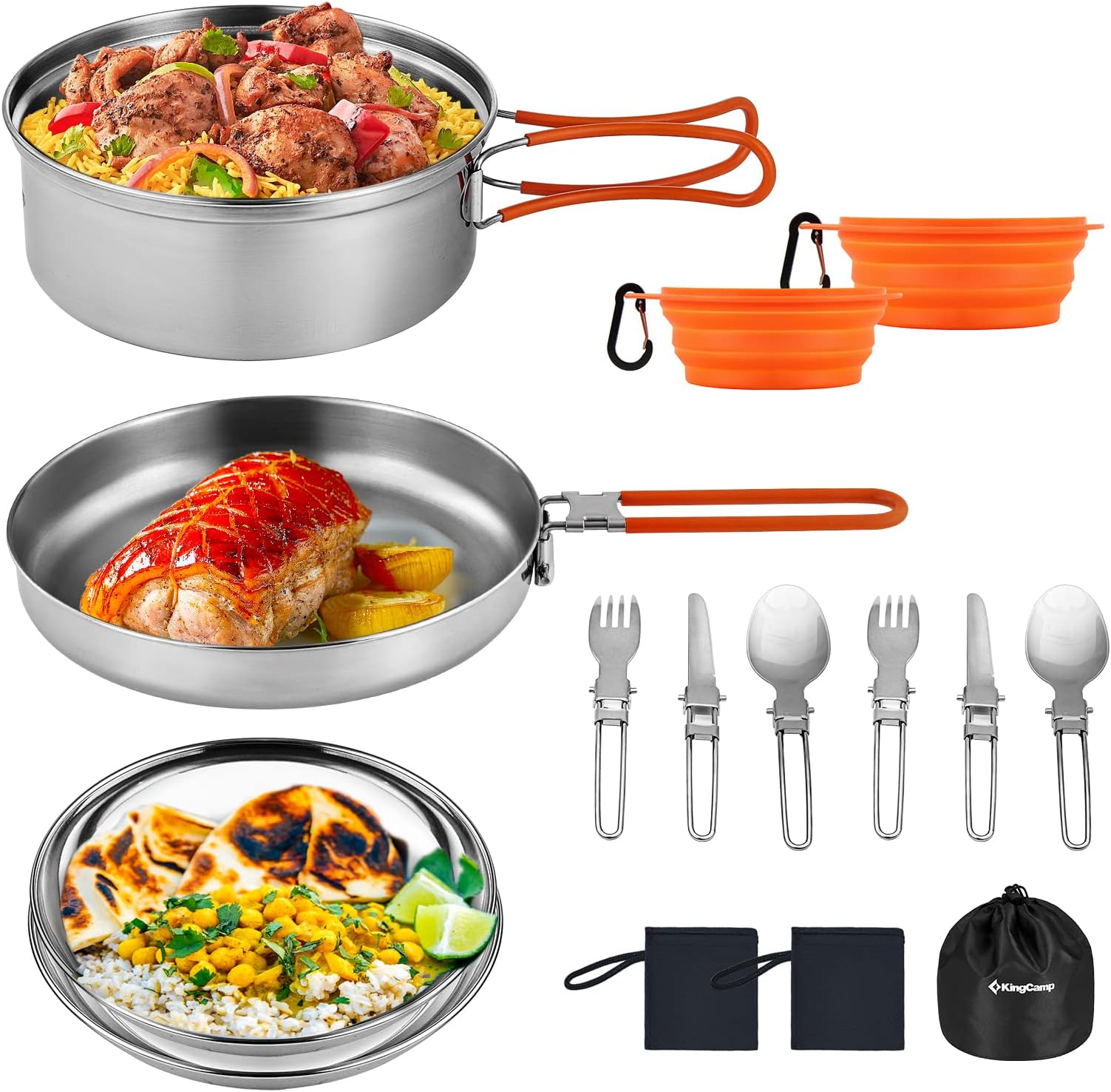KingCampCamping Cookware, Lightweight Cook Set Non-Stick Stainless Steel Essentials Mess Kit with Pot Pan Cups Plates Forks Knives Spoons for Camping Backpacking Outdoor Picnic
