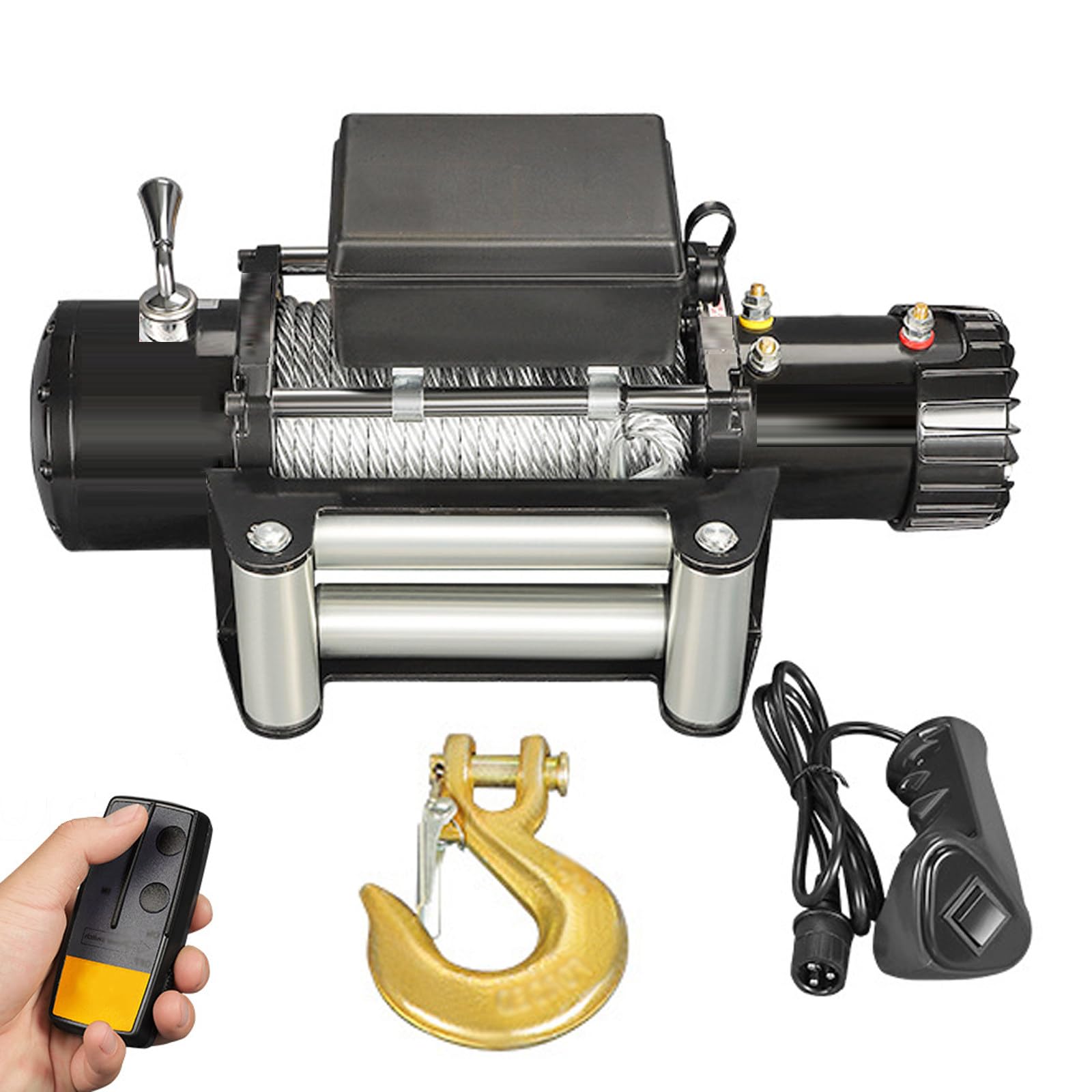 Quixnova Electric Winches Kit - 3000/3500/4000/4500/6000LBS Steel Cable Winch with Wireless/Hand Remote Controller & Roller Fairlead, 12V/24V Recovery Winch 6000LBS
