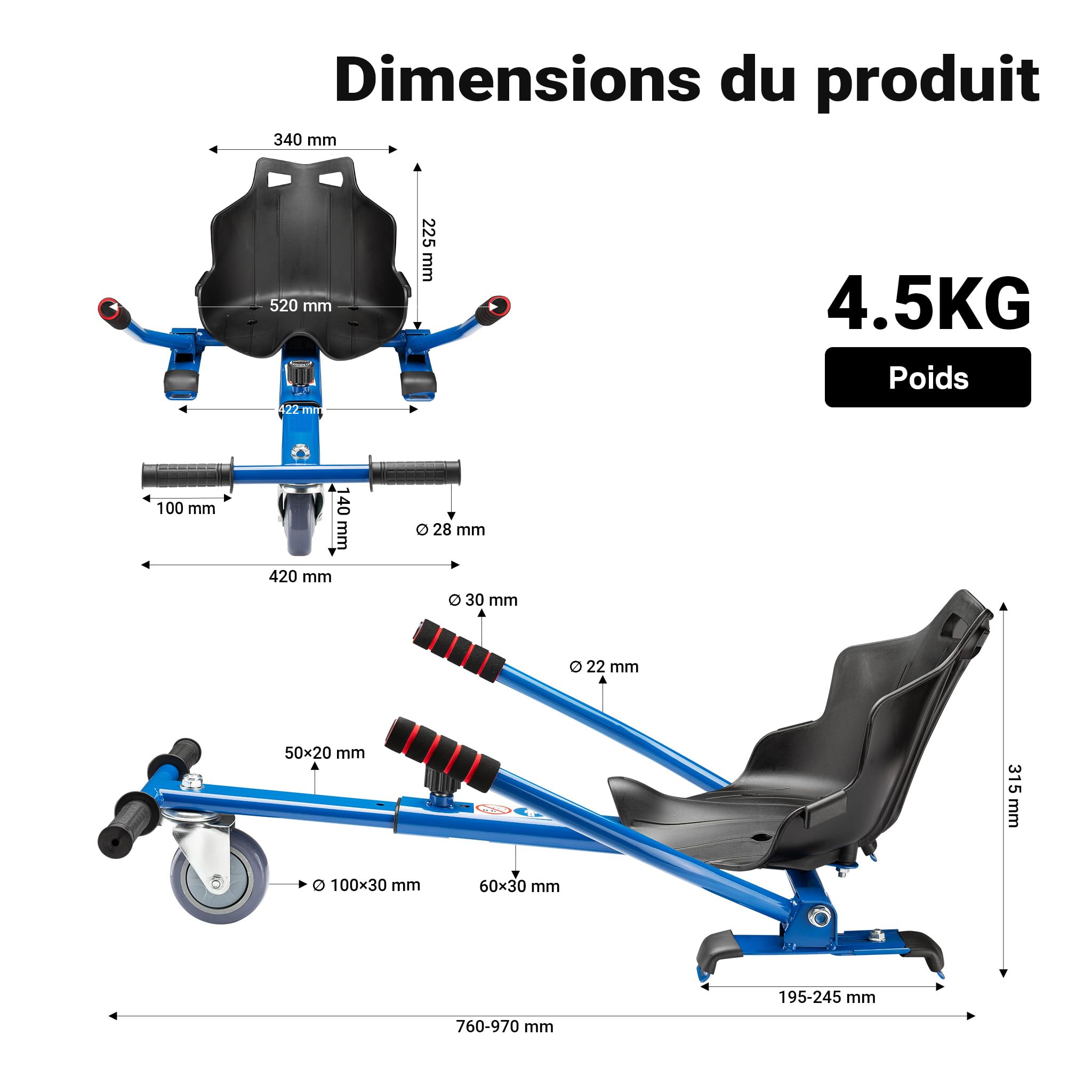 Wiltec Siège de Balance Scooter – Rouge – capacité de 120 kg max. – avec Roulette et Poignées – ajustable pour Adultes et Enfants – Siège de Kart Elektroscooter compatible avec Hoverboard
