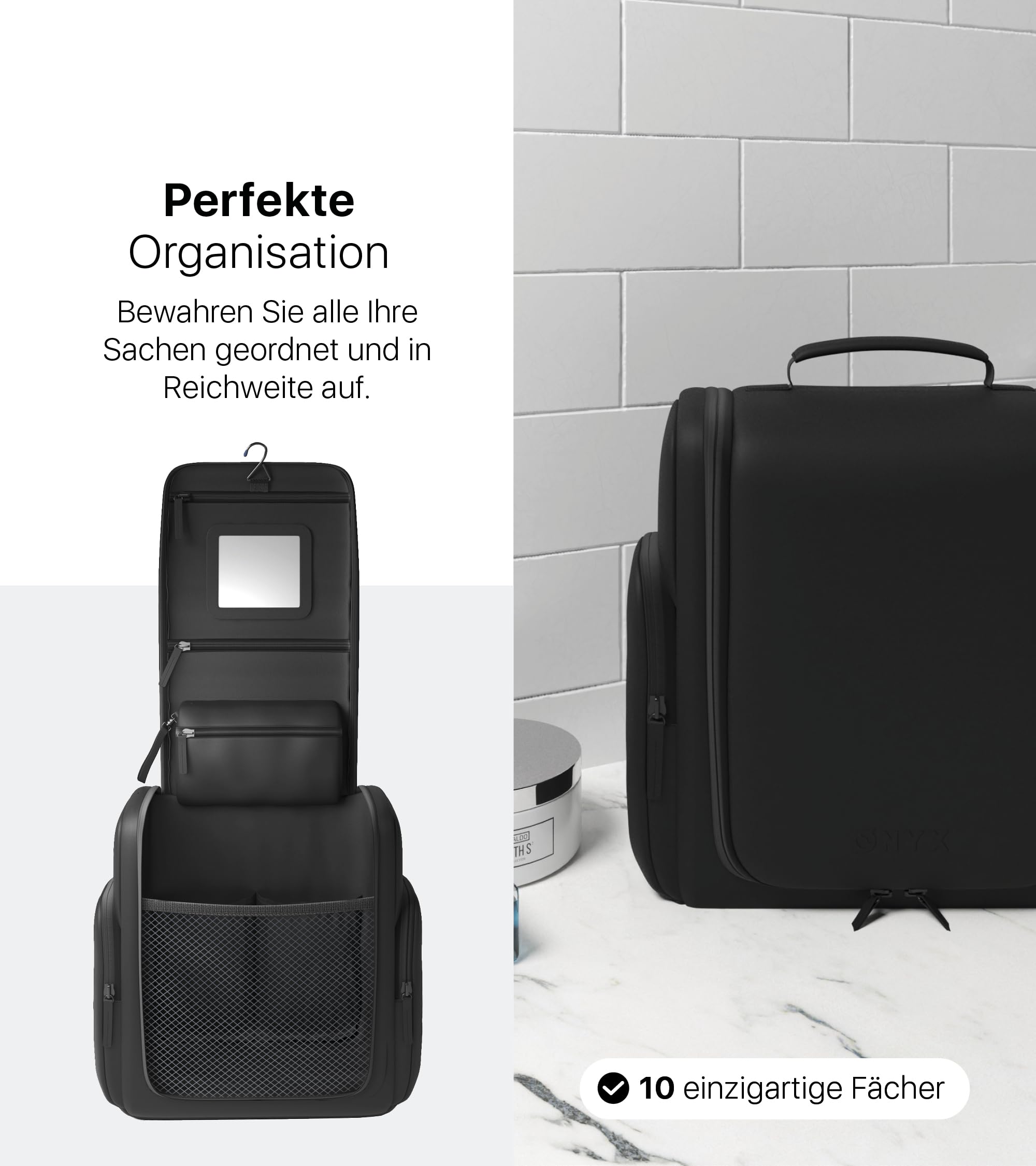 ONYX Kulturtasche Damen und Herren - Kulturbeutel zum Aufhängen aus PU-Tech-Material - Kosmetiktasche mit Spiegel für Reisen, Make-Up Organizer Tasche 26x24x11cm, Beautycase L Schwarz