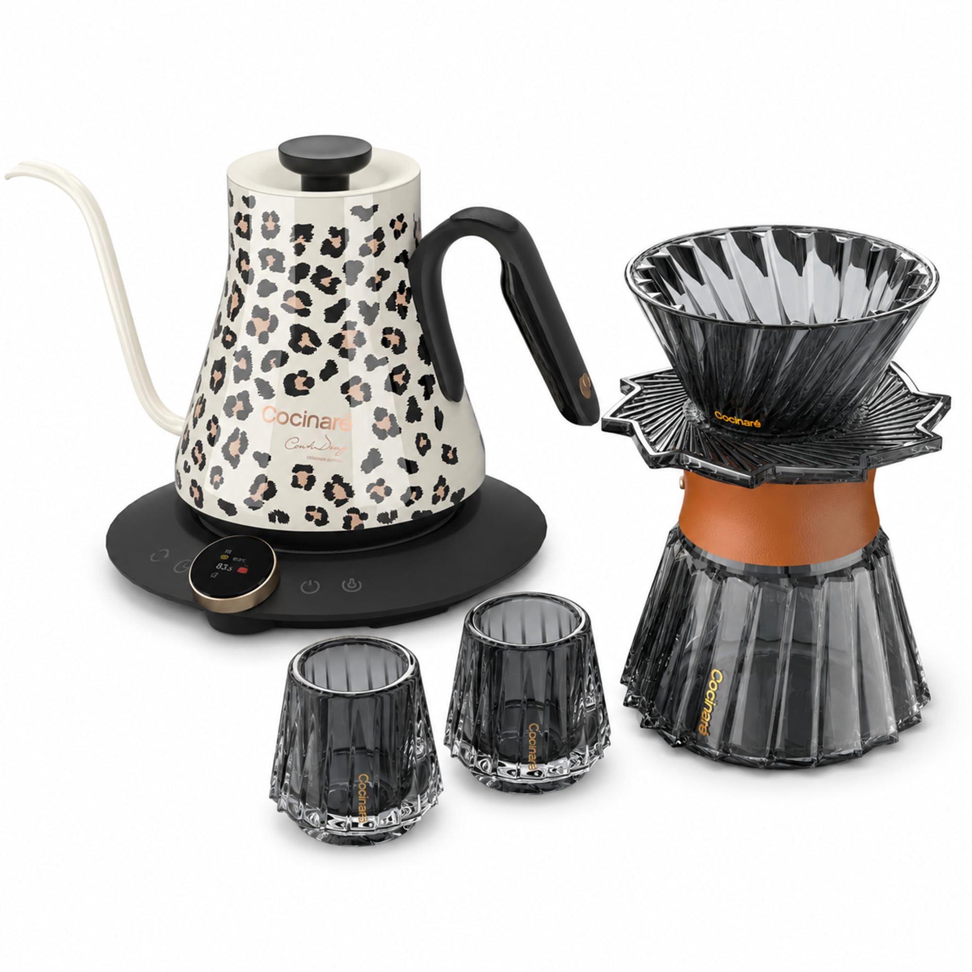 Cocinare Oat Leopard Gooseneck Electric Kettle &amp; Pour Over Coffee Set, ±0.5°F Temperature Control, 1500W 0.9L Kettle, Coffee Dripper, 550 ml / 18.6 oz Server &amp; 2 Tasting Cups