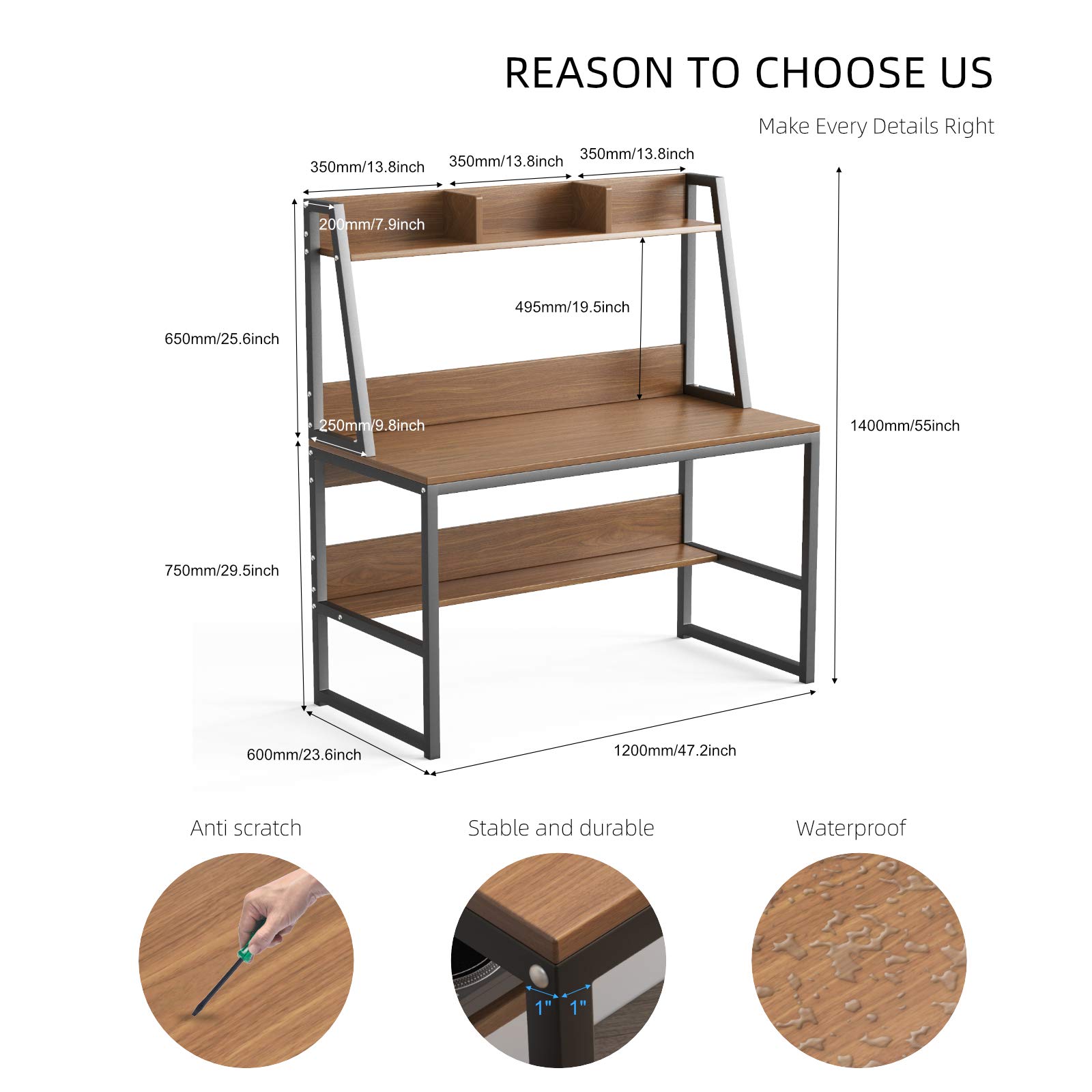 Computer Desk with Hutch and Shelf 47.2 inch Writing Study Table with