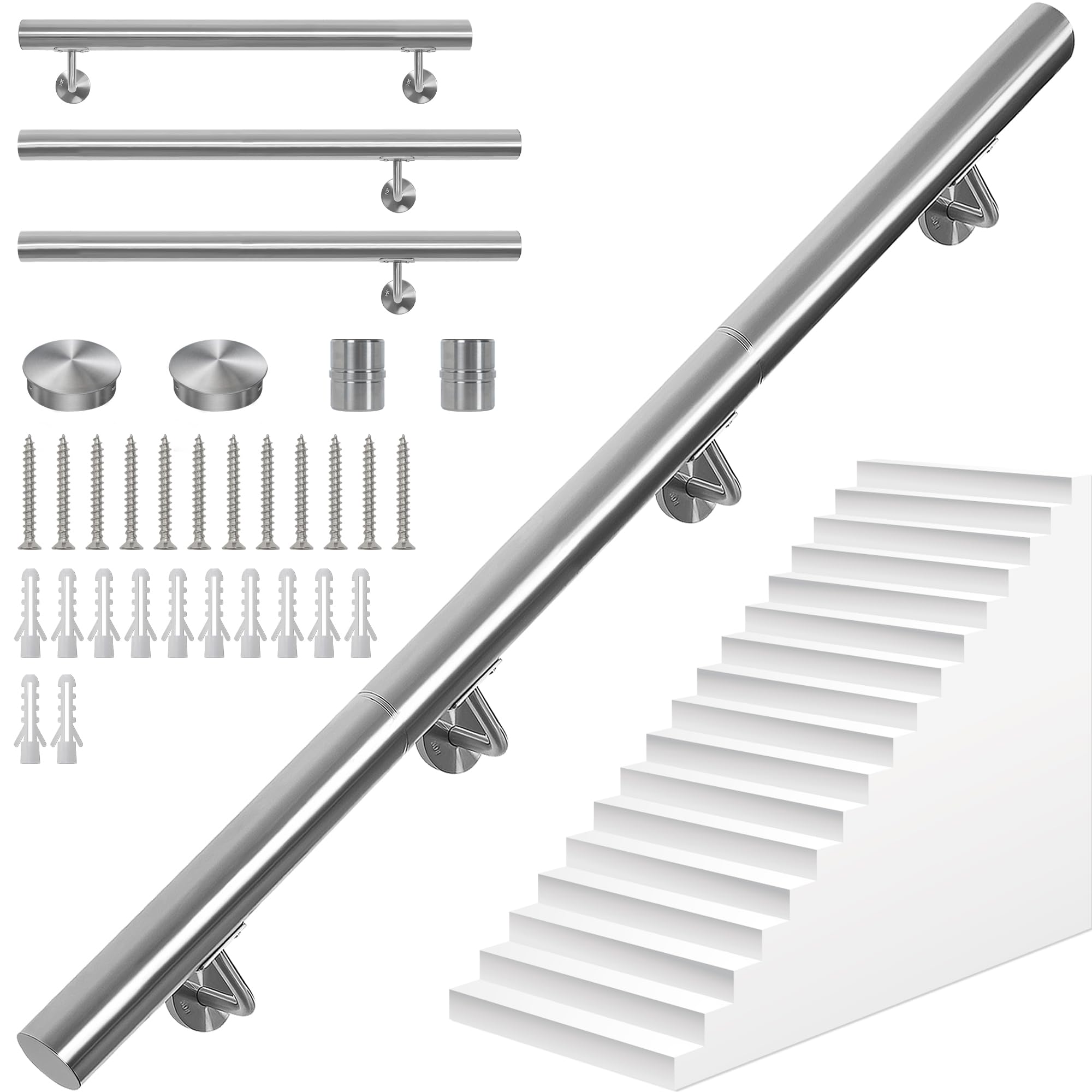 OUUTMEE 250CM Main Courante pour Escaliers en Acier Inoxydable, rond Ø 42 mm, Rampe d'Escalier Murale avec Support, Intérieure/Extérieure Main Courante pour Escaliers/Grenier/Terrasse/Porche et Garage