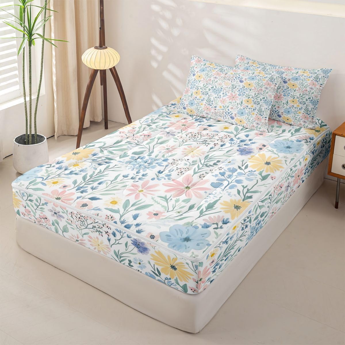 Feelyou Cute Yellow Floral Zipper Bedding Sets Twin for Kids Girls