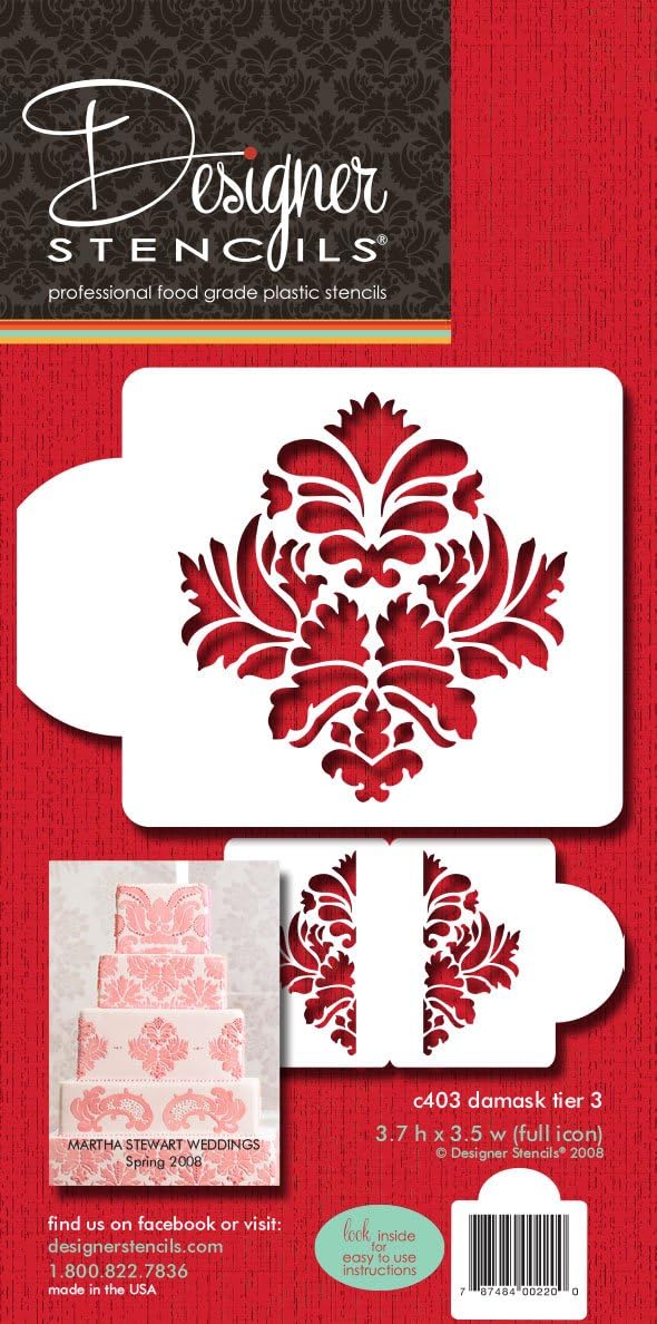 Designer Stencils C403 Damask Cake Tier 3 Cake Stencil, Beige/semi-transparent