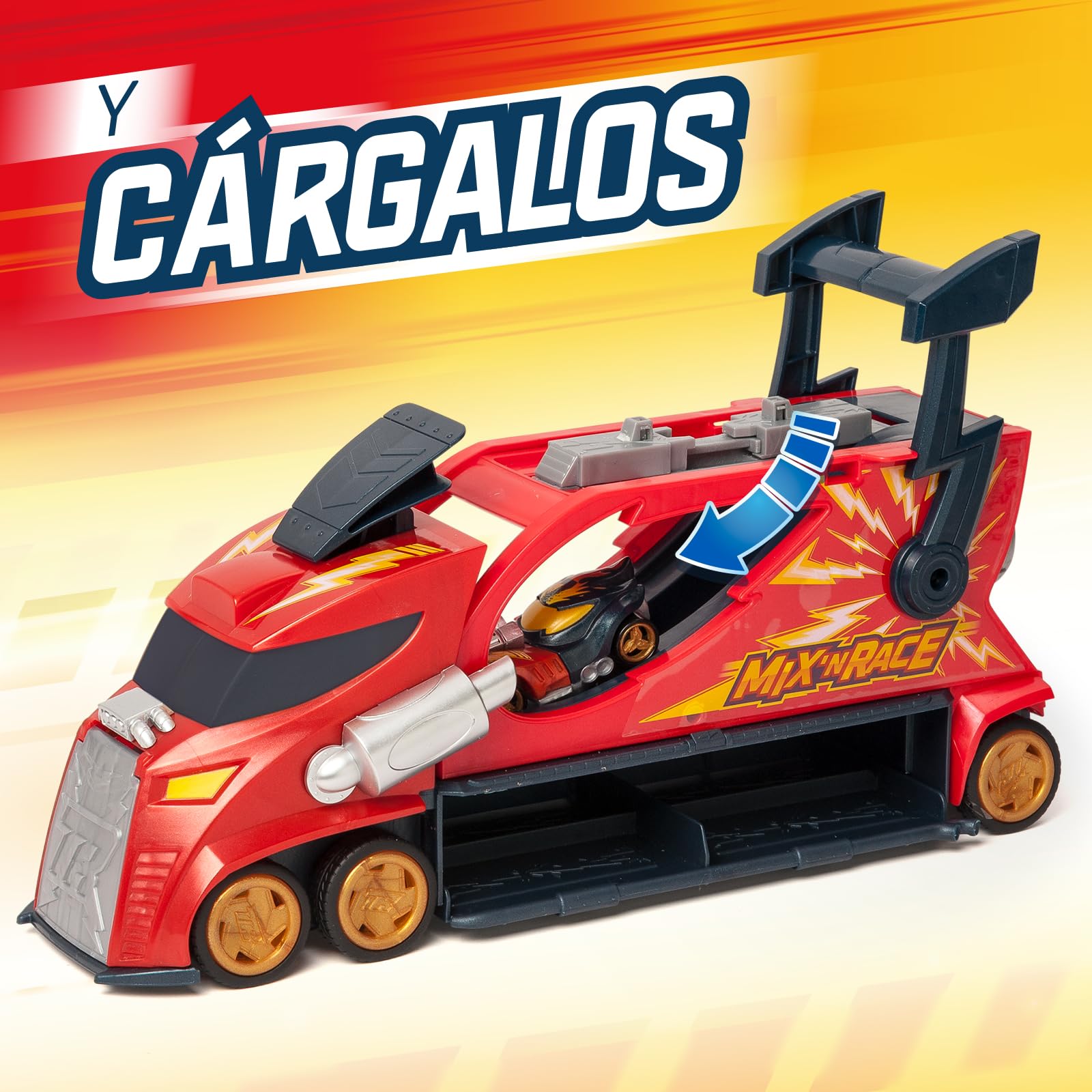 T-Racers Mix ´N Race Thunder Truck– Camión Lanzador con 3 acciones en 1. Incluye 1 vehículo T-Racer Mix ´N Race Exclusivo, Zona para Montar vehículos, Tirador para lanzarlos y Espacio para 7 Coches