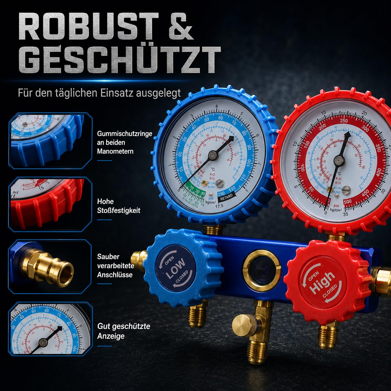 Klima-Monteurhilfe-Set mit 2 Manometern, 1/4-Zoll-Anschluss und 1,5-m-Schläuchen, für R134a, R22 und R410A