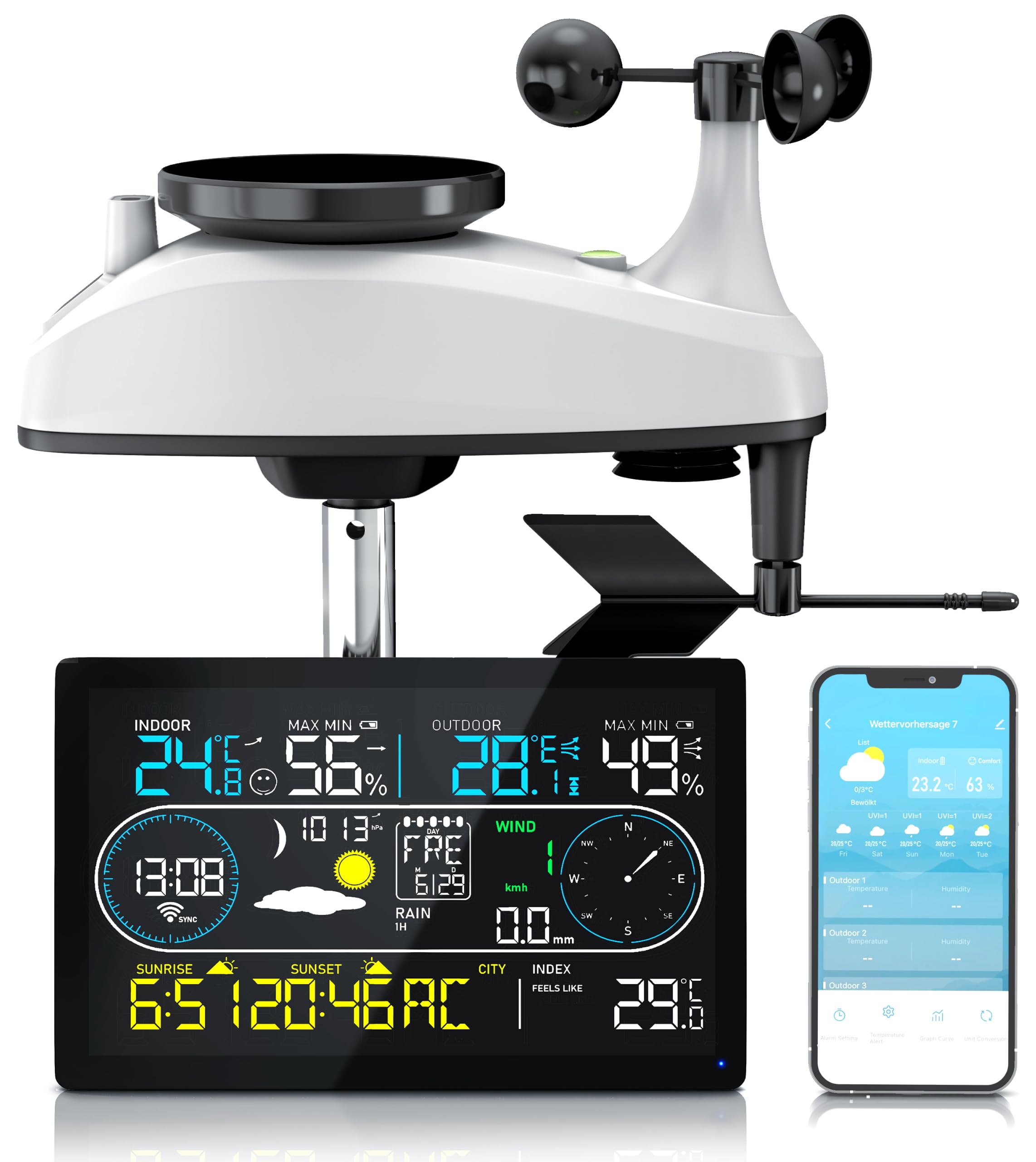 Brandson - WLAN Wetterstation mit 7in1 Funk Außensensor – WiFi App Steuerung – Temperatur Luftfeuchtigkeit Luftdruck – Windmesser Regenmesser