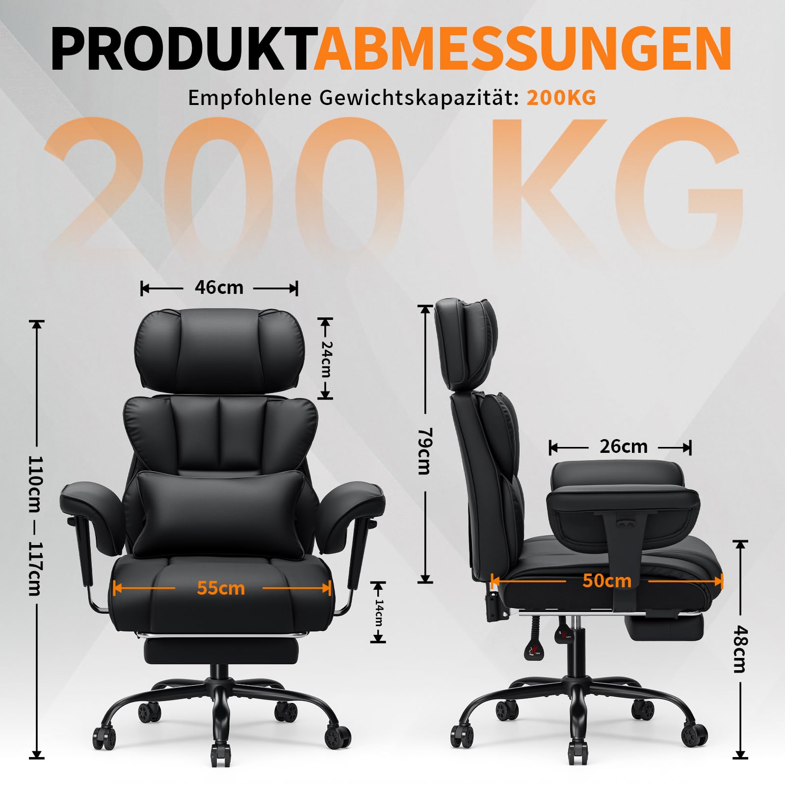 HOFFREE Ergonomischer Bürostuhl für schwergewichtige Personen bis 200kg – PU Leder Chefsessel mit Fußstütze, Hoher Rückenlehne, Verstellbaren Armlehnen und Lendenwirbelstütze in Schwarz