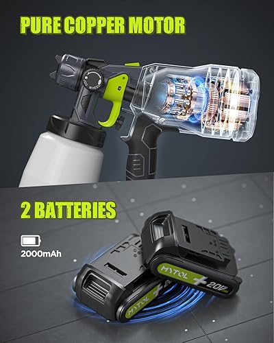 Miniatura 5 de Pulverizador de pintura inalámbrico con 2 baterías de 20 V y 2.0 Ah, la pistola rociadora de pintura HVLP de MYTOL incluye 1 cargador rápido, 3
