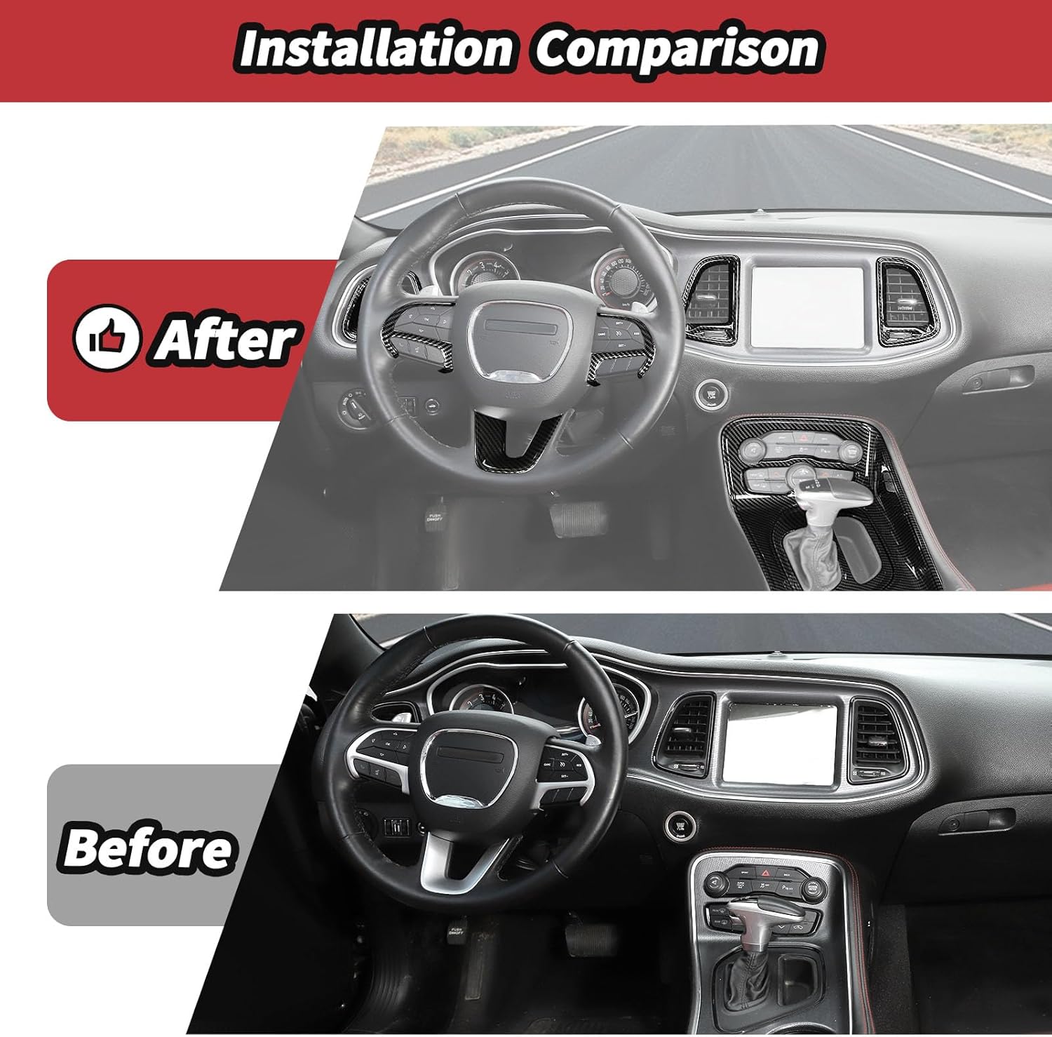 JeCar 9pcs Carbon Fiber Interior Trim Accessories for 2015-2024+ Dodge Challenger - Center Console Gear Shift Panel, Dash Decor Covers Kit