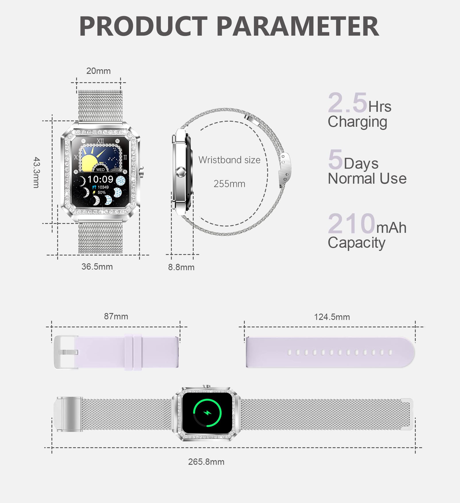 Iaret Reloj Inteligente Mujer con Llamada,1.59" Impermeable Diamante Smartwatch con Seguimiento Menstrual Pulsómetro SpO2 Monitor Sueño Presión Arterial Reloj Podómetro para Android iOS, Regalo Mujer