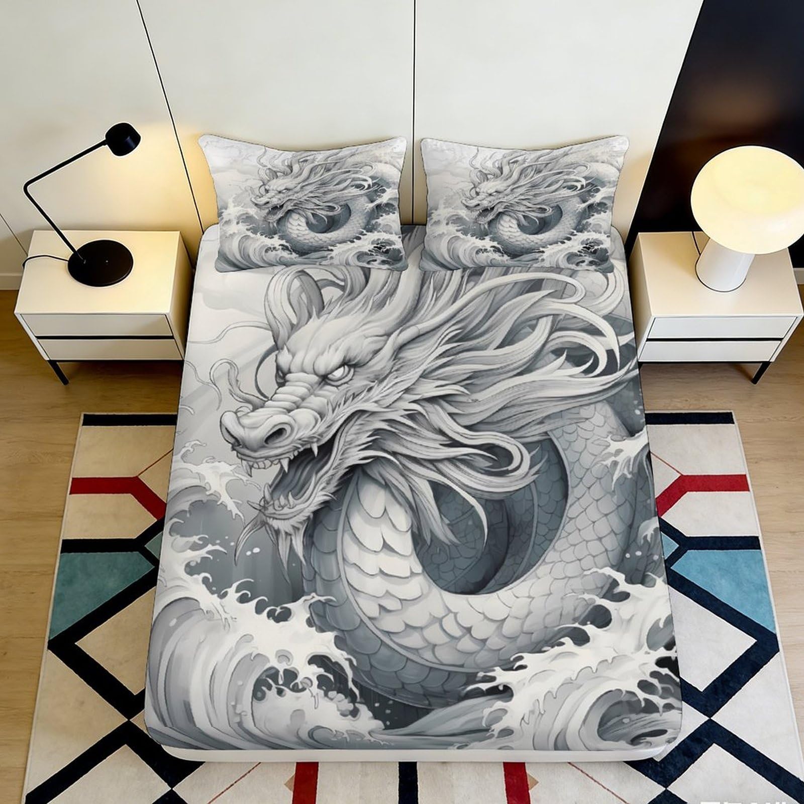 3D Printed Dragon Pattern Fitted Sheet Microfiber Soft Durable 3D Printed Wave Mattress Cover for Bedroom Dormitory Guest Room Mattress Protection 90x200x25cm